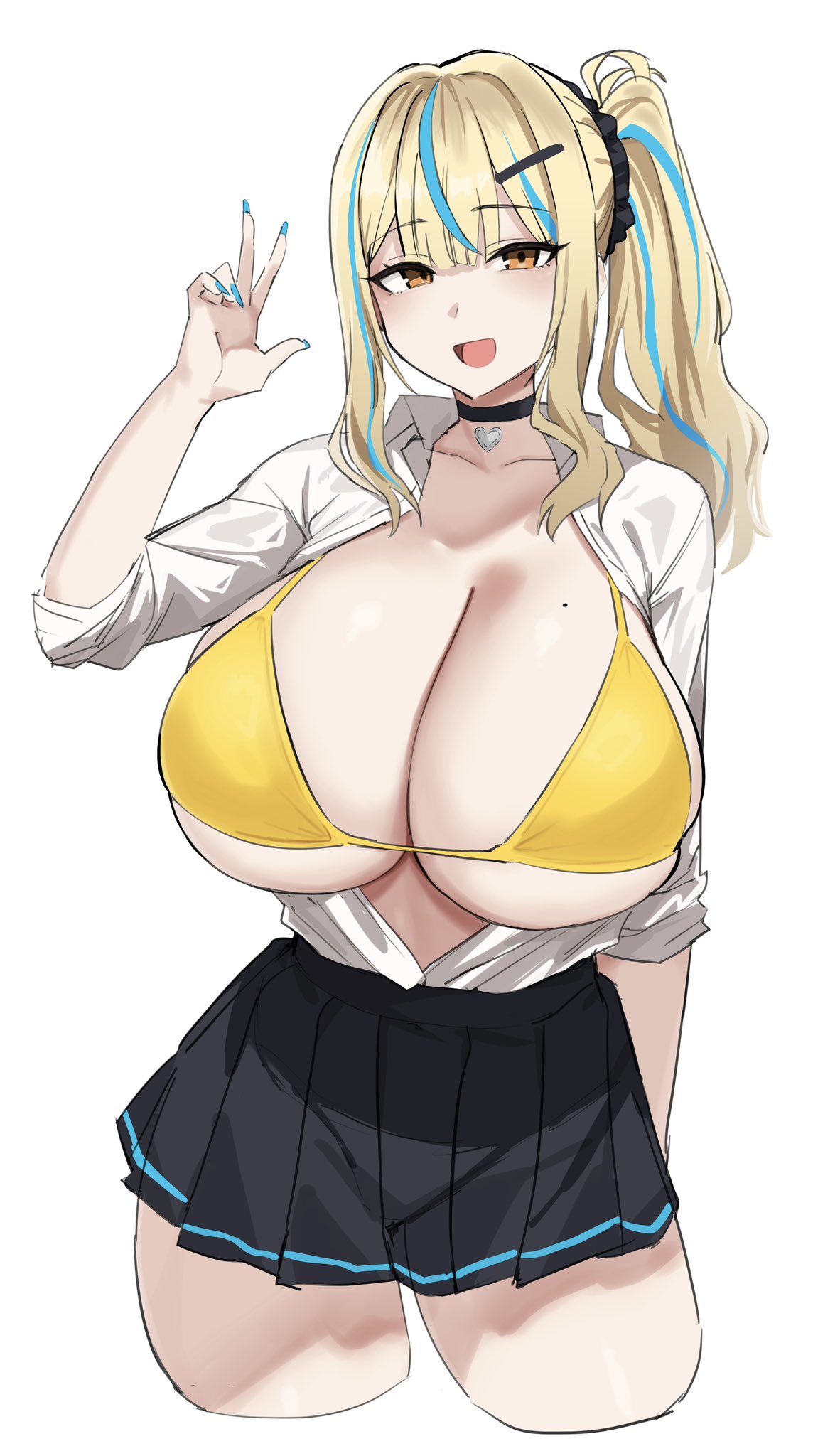 1girls 2024 :d beauty_mark_on_breasts bikini_top black_hair_tie black_scrunchie blonde blonde_hair blue_hair blue_nail_polish blue_nails bra breasts_out breasts_out_of_clothes choker cleavage female gigantic_breasts gyaru hairclip heart_choker hotate-chan kogal long_fingernails long_nails mole mole_on_breast nail_polish one_side_up open_mouth orange_eyes original original_character painted_nails peace_sign pleated_skirt ponytail school_uniform scrunchie side_ponytail skirt smile solo streaked_hair v white_background yellow_bikini yellow_bra yellow_hair