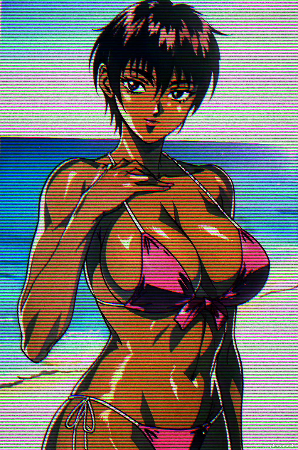 1girls ai_generated beach berserk big_breasts bikini black_hair breasts brown_eyes casca dark-skinned_female dark_skin female female_only front-tie_bikini hand_on_chest human large_breasts looking_at_viewer outdoors outside retro retro_artstyle short_hair side-tie_bikini sideboob smile solo stable_diffusion tampopo tomboy toned toned_female vhs_filter