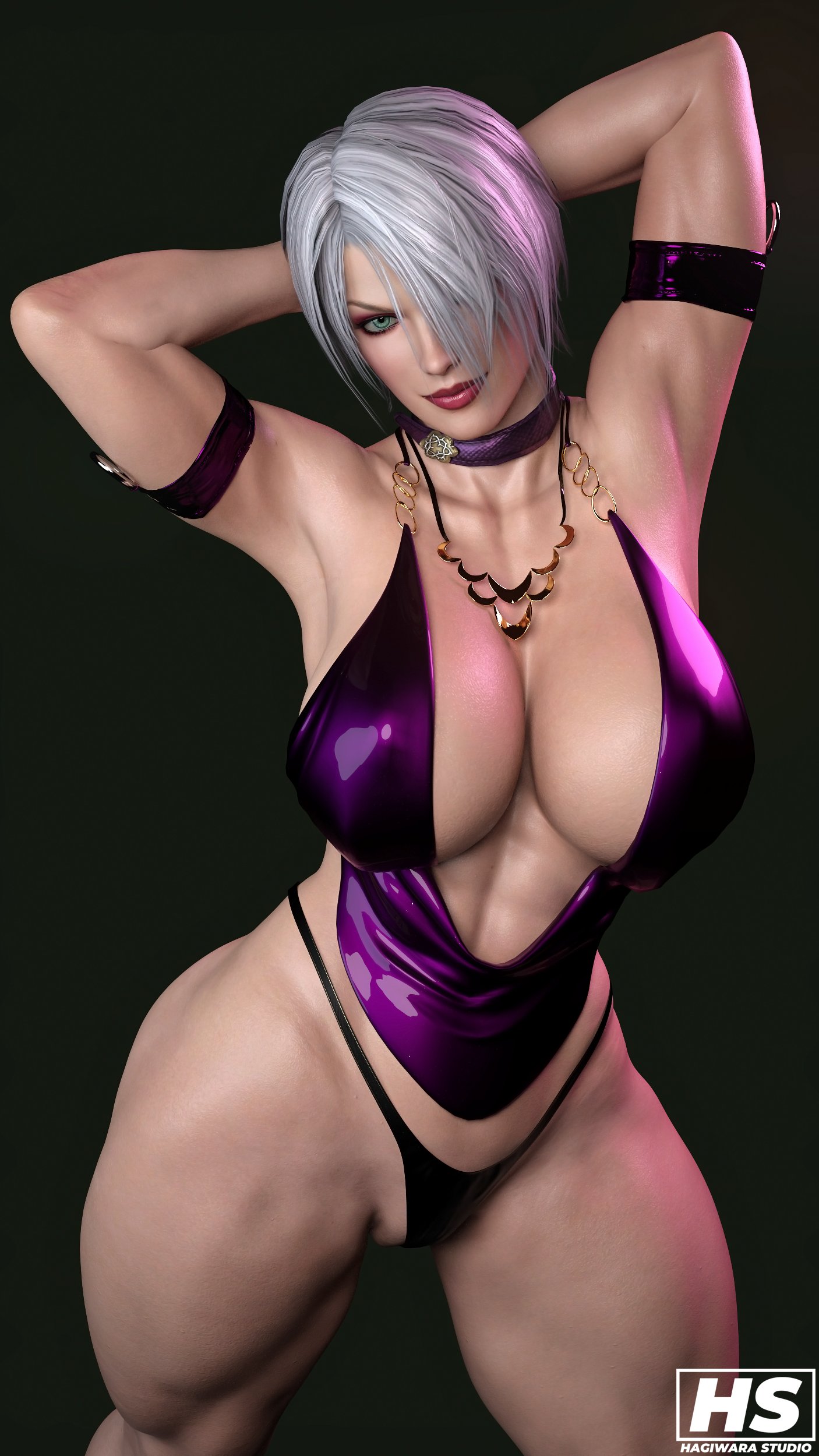 1girls, 3d, armband, arms behind head, artist signature, ass, big ass, big breasts, big hips, big thighs, black panties, black underwear, breasts, busty, cleavage, clothes, deep cleavage, female, female only, front view, hagiwara studio, hair over one eye, human, human only, isabella valentine, looking at viewer, neckwear, no pants, panties, pantsless, purple topwear, short hair, simple background, solo, solo female, soul calibur, standing, thick thighs, three-quarter portrait, underwear, white hair