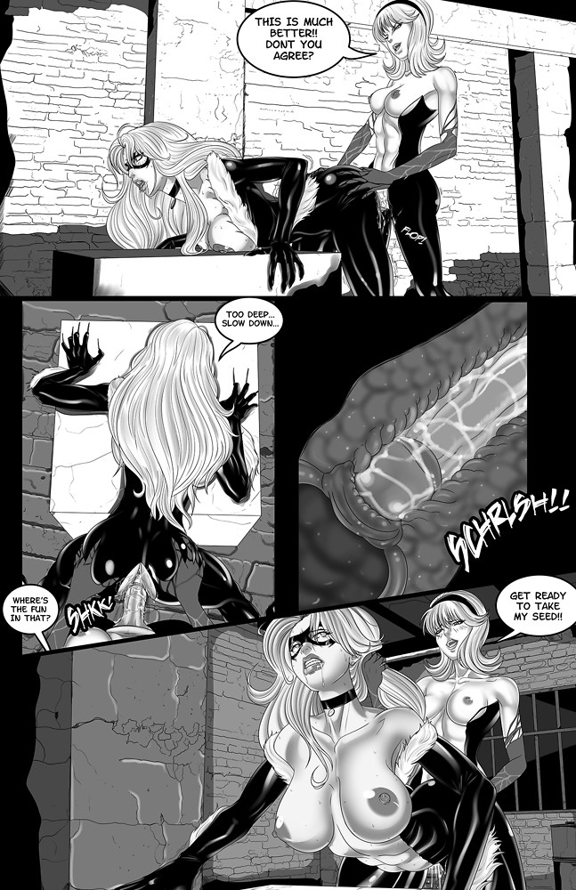 abs ass_grab bent_over black_cat_(marvel) bodysuit breasts choker domino_mask felicia_hardy futa_on_female futanari gwen_stacy gwenom hair_pull hairband intersex large_breasts marvel marvel_comics monochrome muscular_female naranjou nipples penis rape she-venom small_breasts spider-gwen spider-man_(series) x-ray