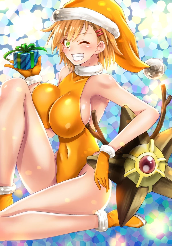 1girls ambiguous_gender blush christmas christmas_outfit eyelashes female_only gloves hat holding horns huge_breasts human human_only kasumi_(pokemon) nintendo orange_hair pokemon pokemon_frlg pokemon_gsc pokemon_hgss pokemon_rgby present santa_costume shoes sideboob smile staryu swimsuit takecha teeth wink