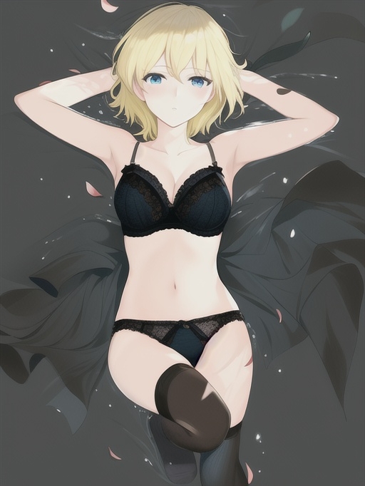 ai_generated arms_behind_head black_panties black_underwear blue_eyes chris day_when_world_become_free full_body light_hair looking_at_viewer lying_on_back short_hair stockings underwear