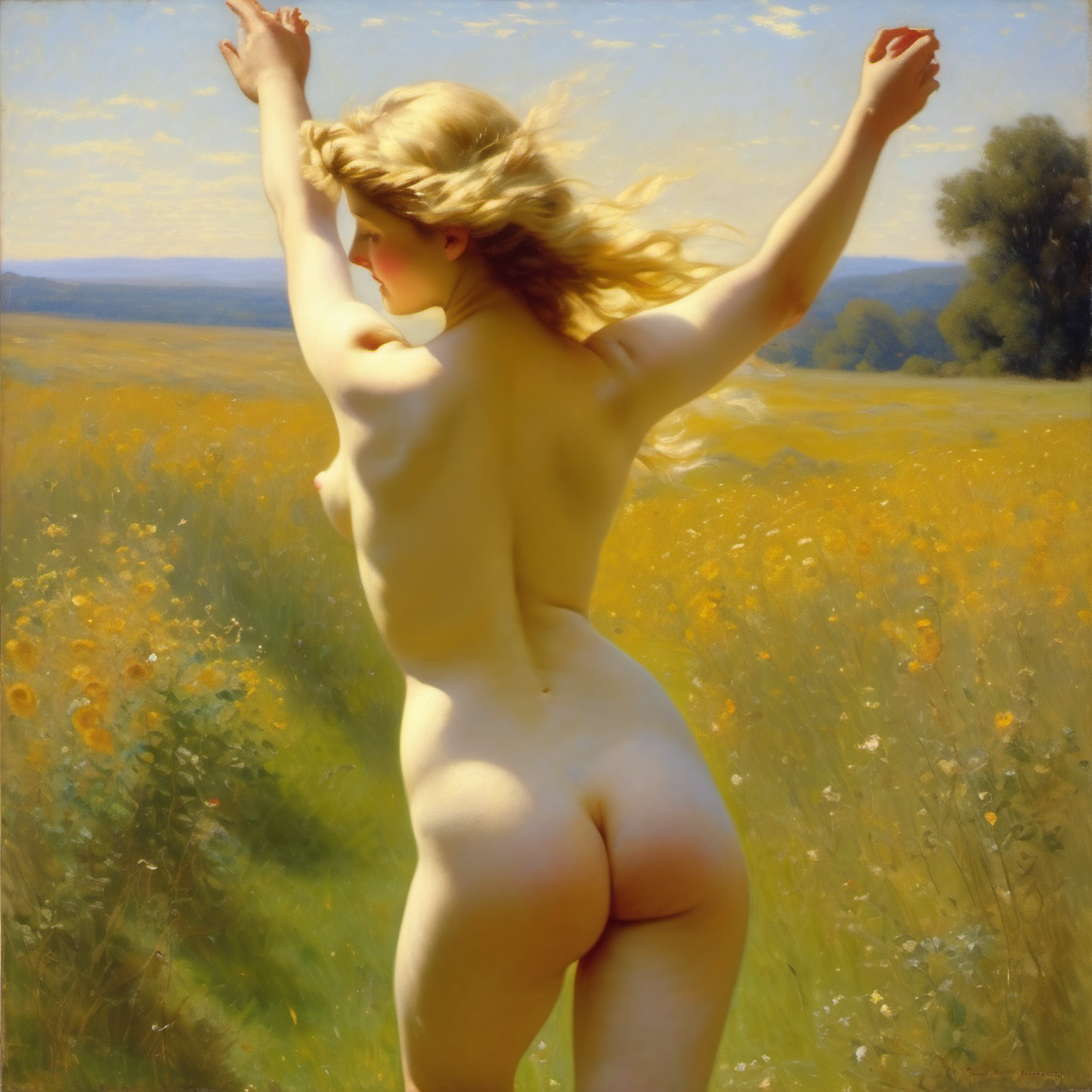 ai_generated ass back back_view blonde_hair curly_hair curvy field lips long_hair meadow nude presenting realistic small_breasts solo sun william_bouguereau