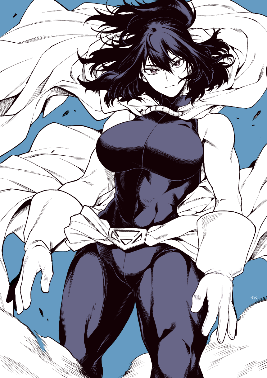 1girls black_hair bodysuit boku_no_hero_academia cape closed_mouth female large_breasts muscular_female my_hero_academia nana_shimura shimura_nana short_hair simple_background takatsuki_ichi