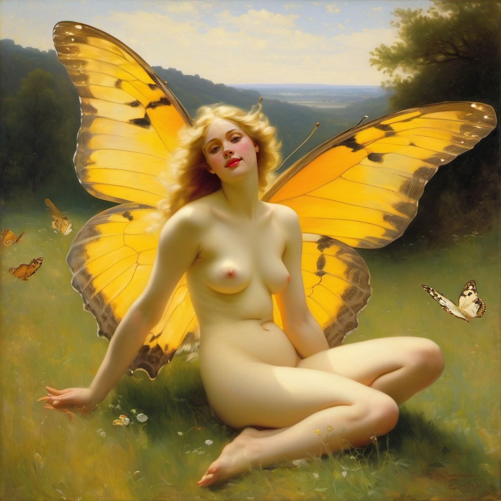 1girls ai_generated belly blonde_hair blue_eyes breasts butterfly butterfly_wings curly_hair curvy fairy field lips long_hair medium_breasts navel nipples nude presenting realistic smile solo william_bouguereau