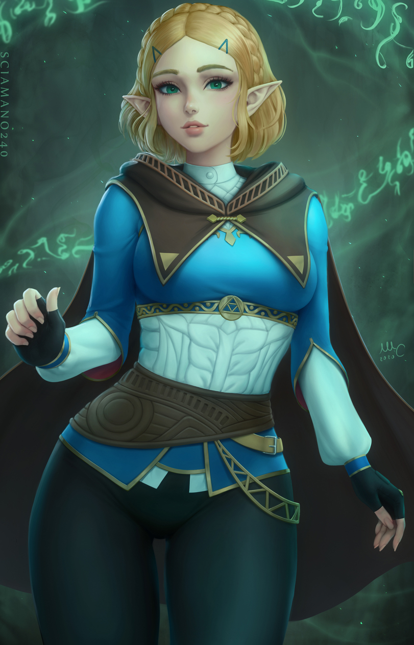 1girls, black leggings, black pants, blonde female, blonde hair, blue topwear, bob cut, breasts, cape, cute, drawn, female, fingerless gloves, fully clothed, green eyes, highres, large breasts, looking at viewer, mirco cabbia, narrow waist, nintendo, princess zelda, sciamano240, short hair, slim waist, smiling, smiling at viewer, source request, tears of the kingdom, the legend of zelda, thick thighs, wide hips, zelda (tears of the kingdom)