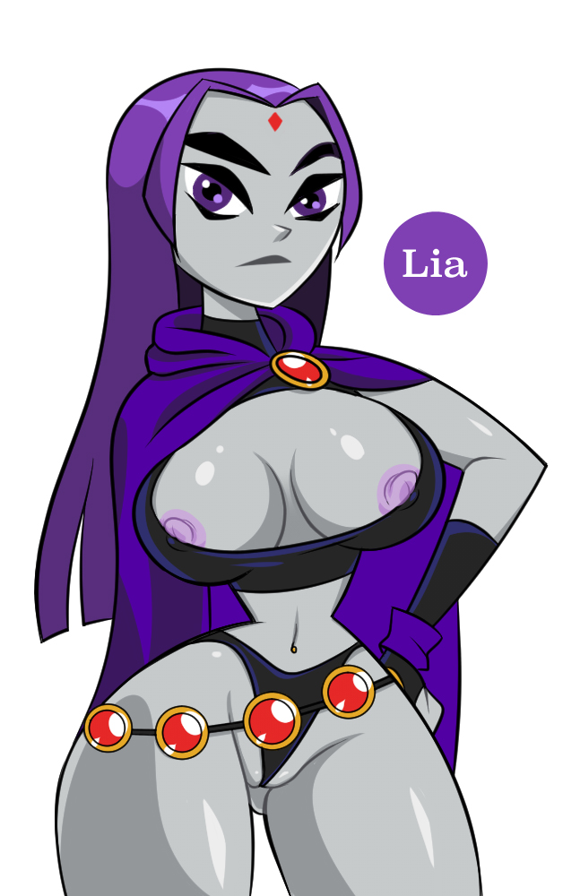 areolae, artist name, big breasts, black lips, black panties, breasts, cameltoe, cape, cleavage, clothing, dc, dc comics, erect nipples, erection, female, female only, fingerless gloves, gloves, hand on hip, huge breasts, large breasts, legs, lia (artist), long hair, looking at viewer, navel, navel piercing, nipples, pale skin, panties, piercing, presenting, presenting breasts, purple eyes, purple hair, pussy, rachel roth, raven (dc), seductive, simple background, solo, teen titans, thick thighs, thighs, white background