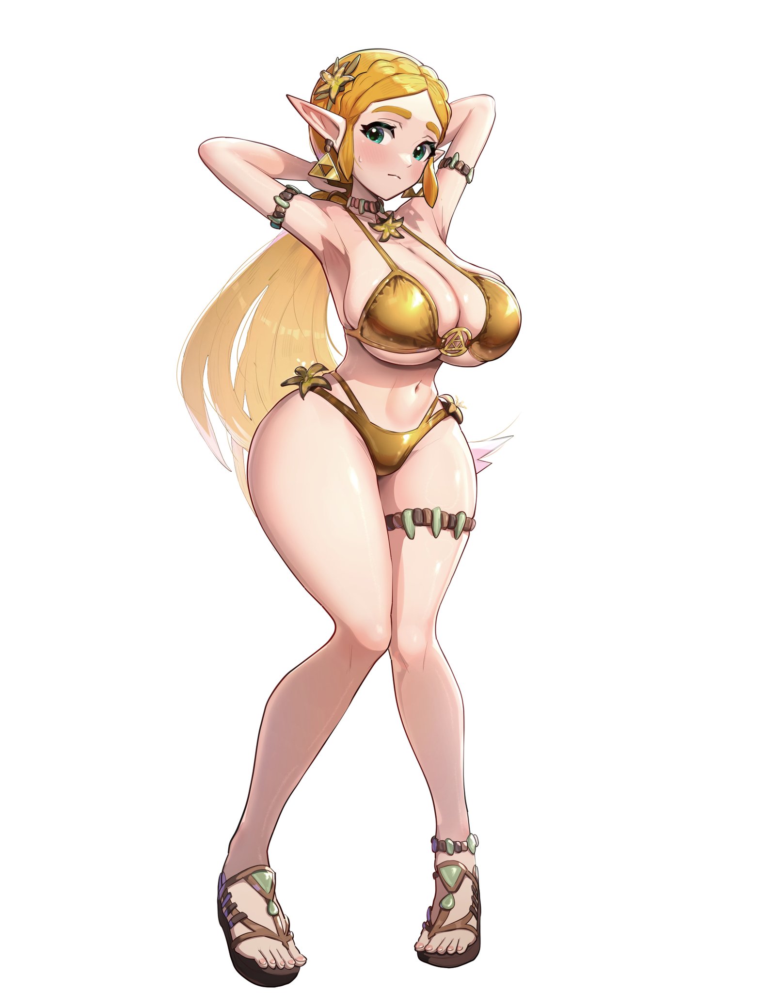 1girls, alternate breast size, alternate costume, armband, armpits, bikini, blonde hair, blue eyes, breasts, collar, colored, curvy, elf ears, female, female only, flower accessory, golden bikini, gonzarez, hips, hips wider than shoulders, huge breasts, jewlery, long hair, looking at viewer, navel, nintendo, open toe footwear, open toe shoes, princess zelda, sandals, swimsuit, tagme, the legend of zelda, thick thighs, thigh strap, thighs, triforce, triforce earrings, tying hair, wide hips