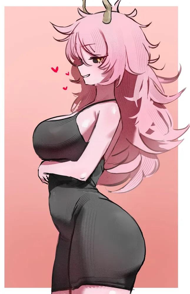 1girls, 2d, 2d (artwork), 2d artwork, adult, adult female, arm under breast, arm under breasts, ashido mina, ass, belly button, big boobs, big breasts, black clothes, black dress, black outfit, black sclera, black topwear, boku no hero academia, breasts, busty, busty female, busty girl, clothes, curvaceous, curvaceous body, curvaceous female, curvaceous figure, curvaceous hips, curvy, curvy body, curvy female, curvy figure, curvy hips, digital, digital art, digital drawing, digital drawing (artwork), digital media, digital media (artwork), drawing, dress, elbows, eyebrows visible through hair, female, female focus, female only, hair between eyes, head tilt, hearts, horn, horns, hourglass figure, inguinal crease, inguinal ligament, large boobs, large breasts, lean figure, long hair, looking at viewer, looking sideways, looking to the side, mature, mature female, messy hair, mina ashido, my hero academia, my hero academia (finale), narrow waist, navel, outfit, parted lips, pink background, pink skin, pink skinned female, pink-skinned female, shoulders, side view, sideboob, simple background, slender body, slender waist, slim female, slim waist, smile, smiley face, smiling, smiling at viewer, solo, standing, thick thighs, thighs, tilted head, tomosaka, top view, topwear, upper body, voluptuous, voluptuous body, voluptuous female, voluptuous figure, voluptuous woman, wide hips
