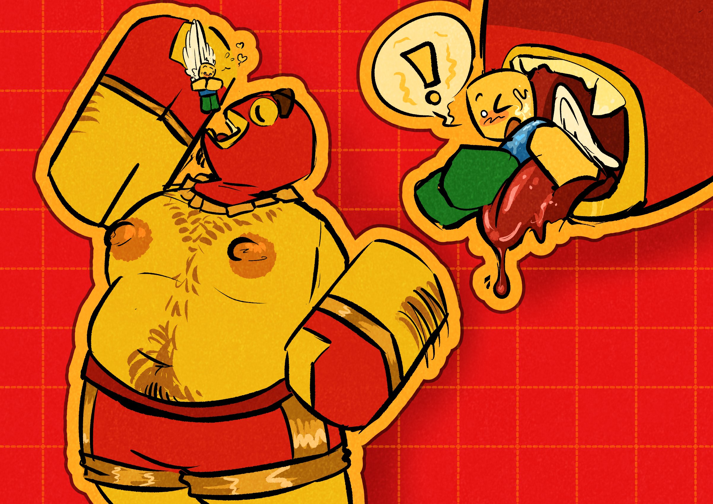 ambiguous gender, bloatblox, block tales, blocky body, gloves, hairy, hairy male, huge nipples, implied vore, large areolae, macro, macro/micro, male, male/ambiguous, mawshot, micro, noob, noob (roblox), noobador (block tales), roblox, roblox game, robloxian, sharp teeth, shirtless, shirtless male, shorts, vore, winged nooblet, yellow skin