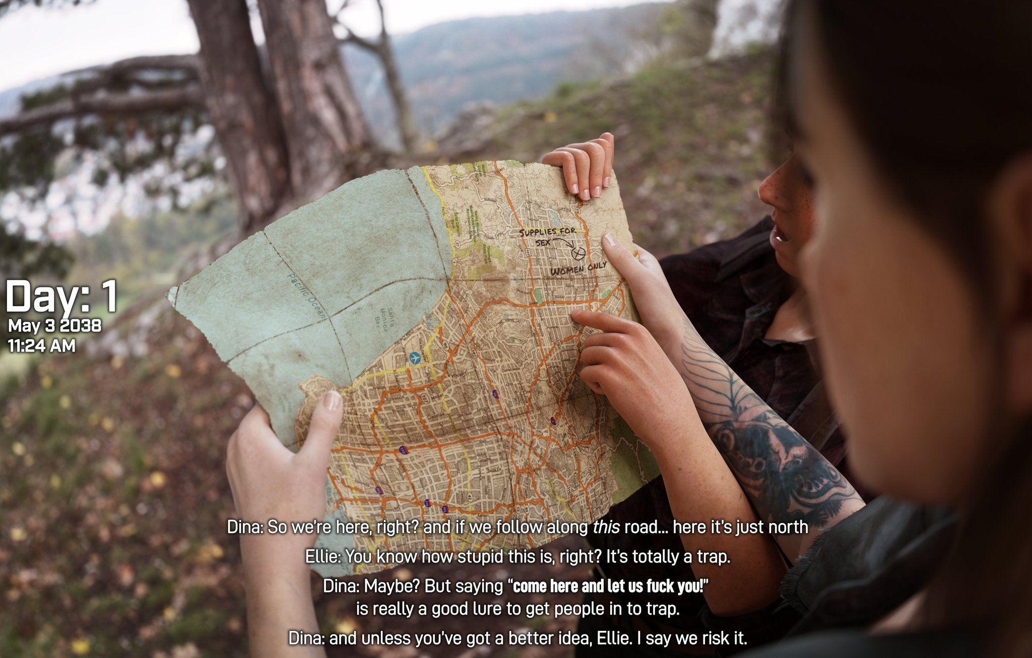 2girls, 3d, big ass, big breasts, breasts, brown hair, comic, comic page, curvaceous, curvy, curvy figure, dina (the last of us), dinoboy555, ellie (the last of us), ellie williams, english text, female, female only, hips, hourglass figure, large ass, large breasts, light skin, light-skinned female, map, mature, mature female, medium breasts, middle eastern, multiple females, multiple girls, naughty dog, olive skin, slim waist, subtitled, text, the last of us, the last of us 2, thick, thick hips, thick legs, thick thighs, thighs, tomboy, voluptuous, waist, weapon, wide hips