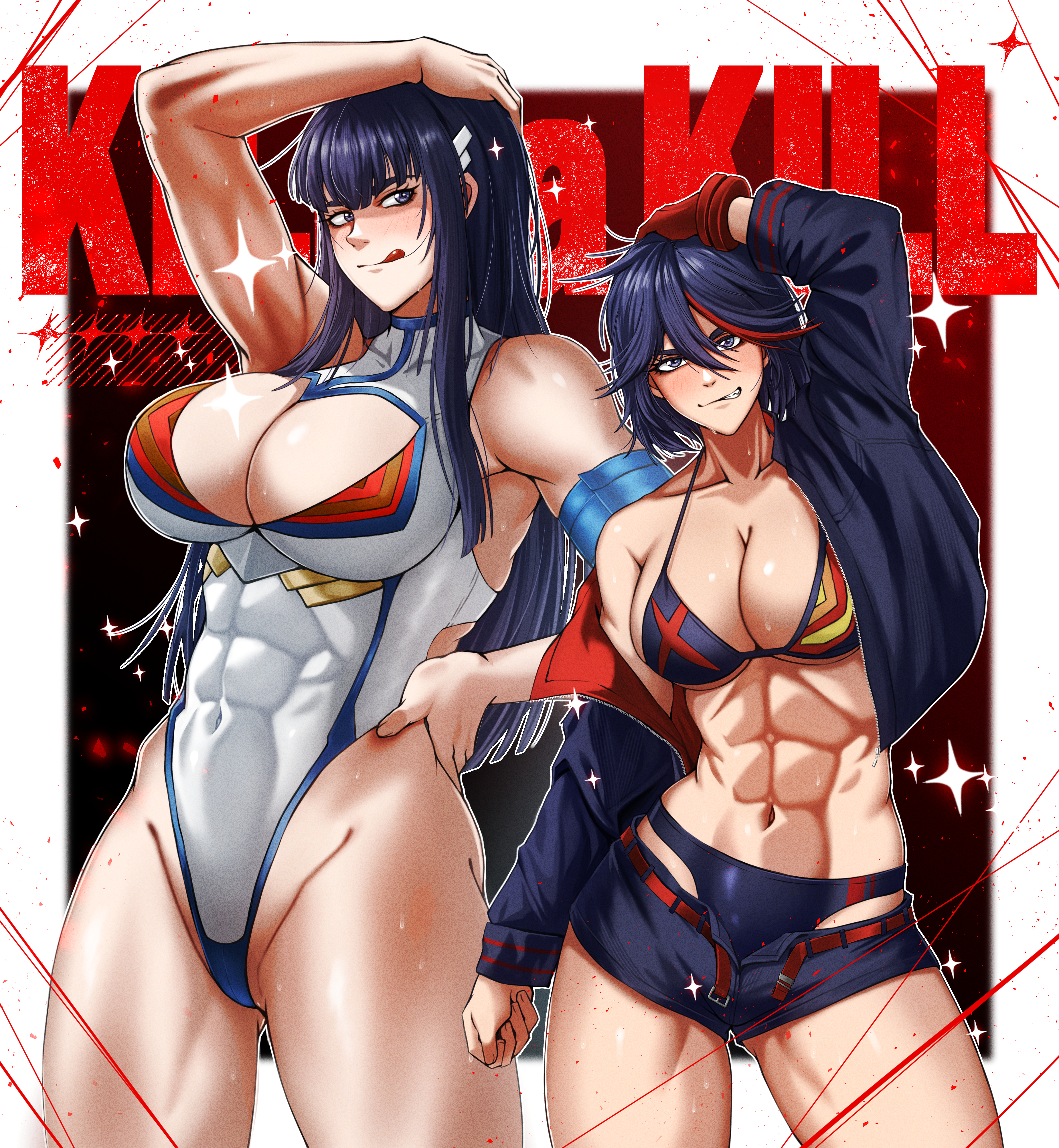 2girls, abs, alternate costume, big breasts, black hair, black-haired female, breast size difference, cleavage, fax61209, female, female only, fit female, height difference, jacket, junketsu, kill la kill, kiryuuin satsuki, long hair, matoi ryuuko, muscular female, one-piece swimsuit, posing, revealing clothes, senketsu, short shorts, shorts, swimsuit, swimwear, two-piece swimsuit