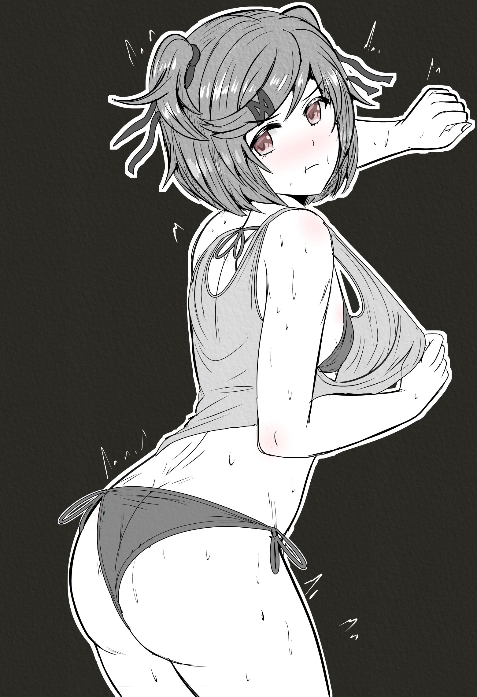 1girls, ass, black and white, doki doki literature club, female, female only, fuzzlogik, natsuki (doki doki literature club), solo