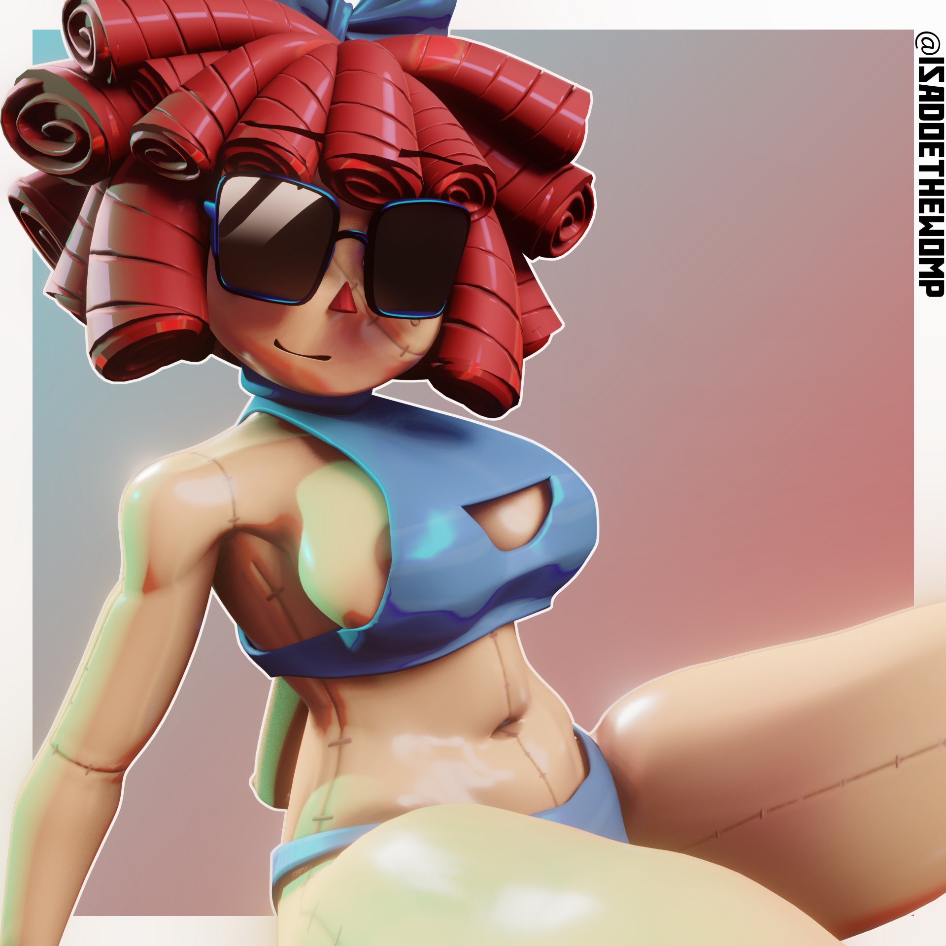 3d (artwork), areolae, boob window, doll girl, dorfloor3, glitch productions, gooseworx, isadoethewomp, ragatha, ragatha (dorfloor3), ragatha (tadc), ragatha (the amazing digital circus), ragdoll, solo, stitches, sunglasses, tagme, the amazing digital circus