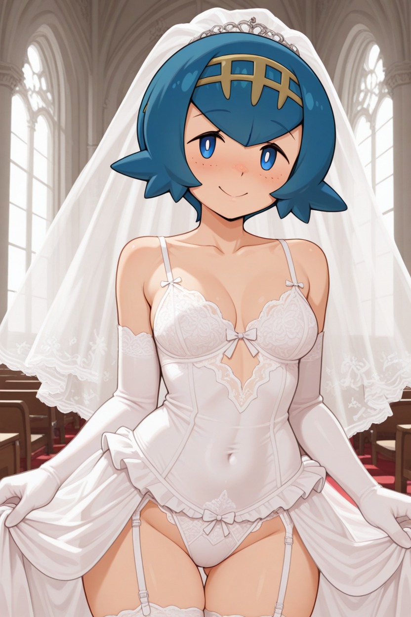 1female, 1girls, 1human, ai, ai generated, blue eyes, blue hair, blue sclera, breasts, bride, bride veil, church, church background, church interior, cute, cute face, day, daytime, female only, frosting.ai, game freak, hair ornament, holding dress, human, human only, lana (pokemon), looking at viewer, nintendo, non-nude, pokemon, pokemon sm, pokemon trainer, seats, short hair, small breasts, small nose, smiling, smiling at viewer, standing, sweet, thick thighs, thighs, tummy, wedding, wedding dress, wedding lingerie, wedding tiara, wedding veil, white dress, white pupils, white wedding dress
