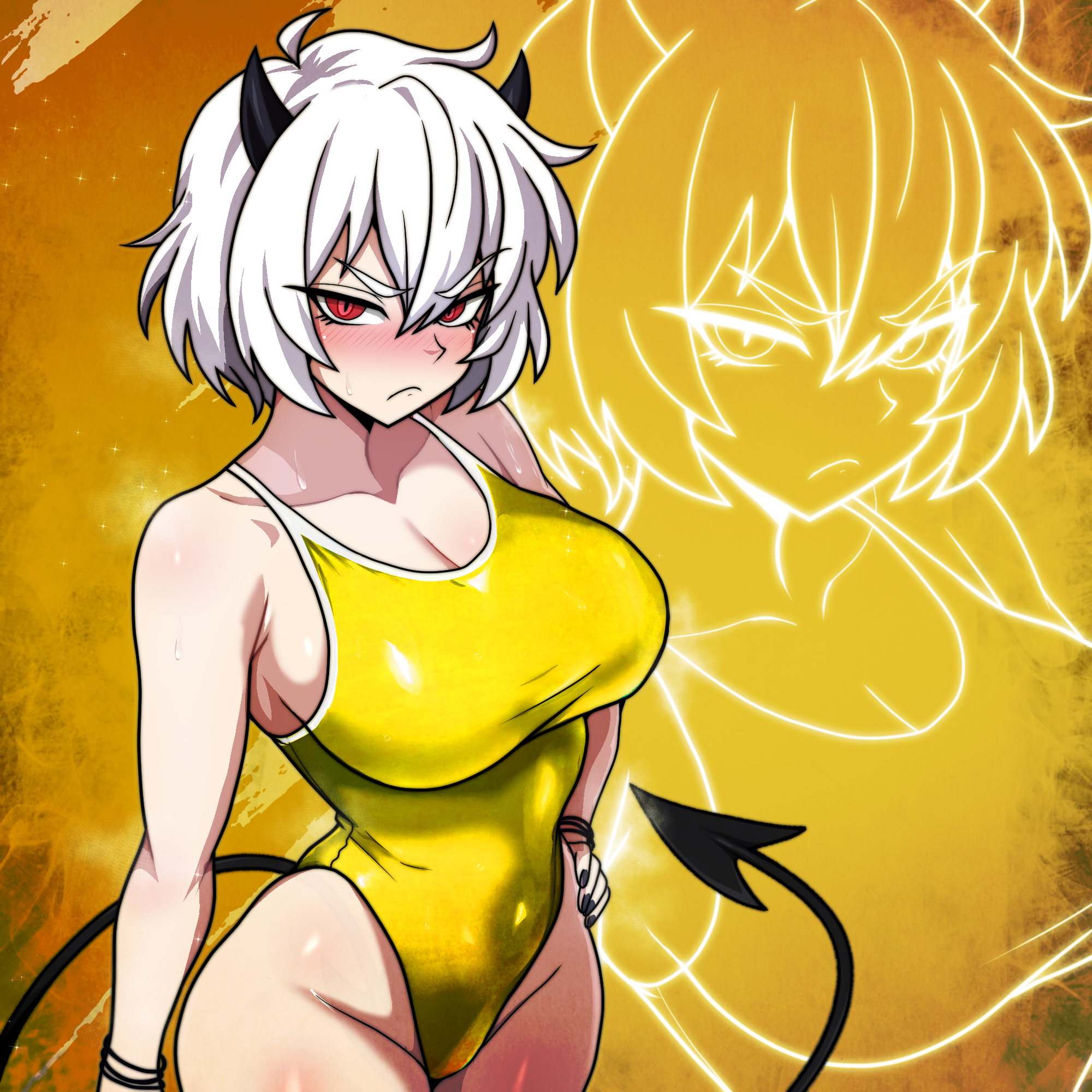 1girls, angry, angry expression, angry face, angry look, black horns, blush, breasts, curvaceous, curvy, curvy body, curvy female, curvy hips, demon girl, demon horns, demon tail, female, female focus, female only, frown, fujita yoshinobu (ksk oda), golden background, golden bikini, hair between eyes, helltaker, highleg, highleg one-piece swimsuit, highres, horns, large breasts, looking at viewer, malina (helltaker), one-piece swimsuit, red eyes, short hair, solo, solo female, swimsuit, tail, wet, white hair
