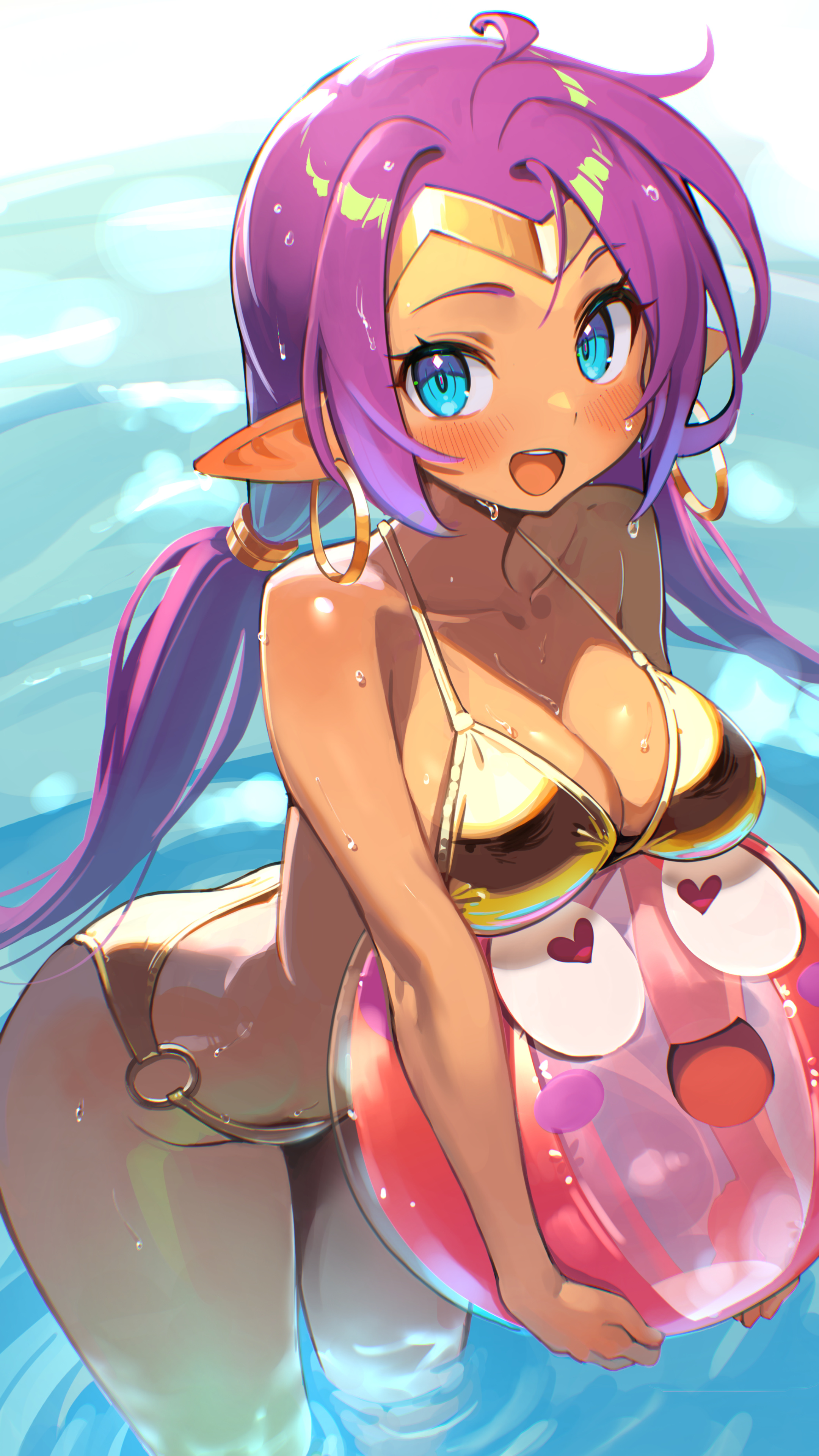 1girls, beach ball, blue eyes, earrings, female, female only, golden bikini, golden week, large breasts, life is pi, long hair, looking at viewer, pointy ears, ponytail, purple hair, shantae, shantae (character), smile, tagme, water, wet