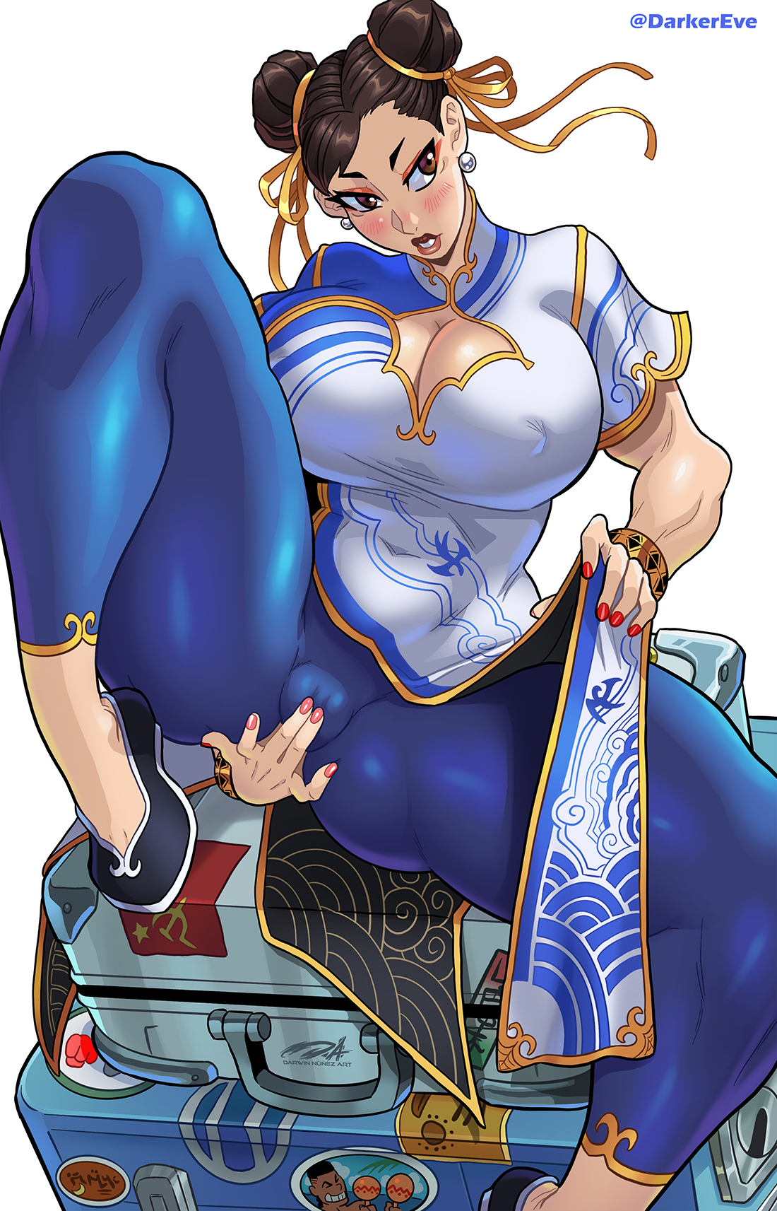 1girls, big breasts, blush, breasts, brown eyes, brown hair, capcom, chun-li, chun-li (street fighter 6), clothed, clothing, color, darkereve, female, female focus, female only, hi res, huge breasts, large breasts, light skin, light-skinned female, massive breasts, masturbation, muscular, muscular female, nipple bulge, nipples, nipples visible through clothing, pussy, pussy peek, pussy visible through clothes, short hair, sitting, solo, solo female, street fighter, street fighter 6, thick thighs