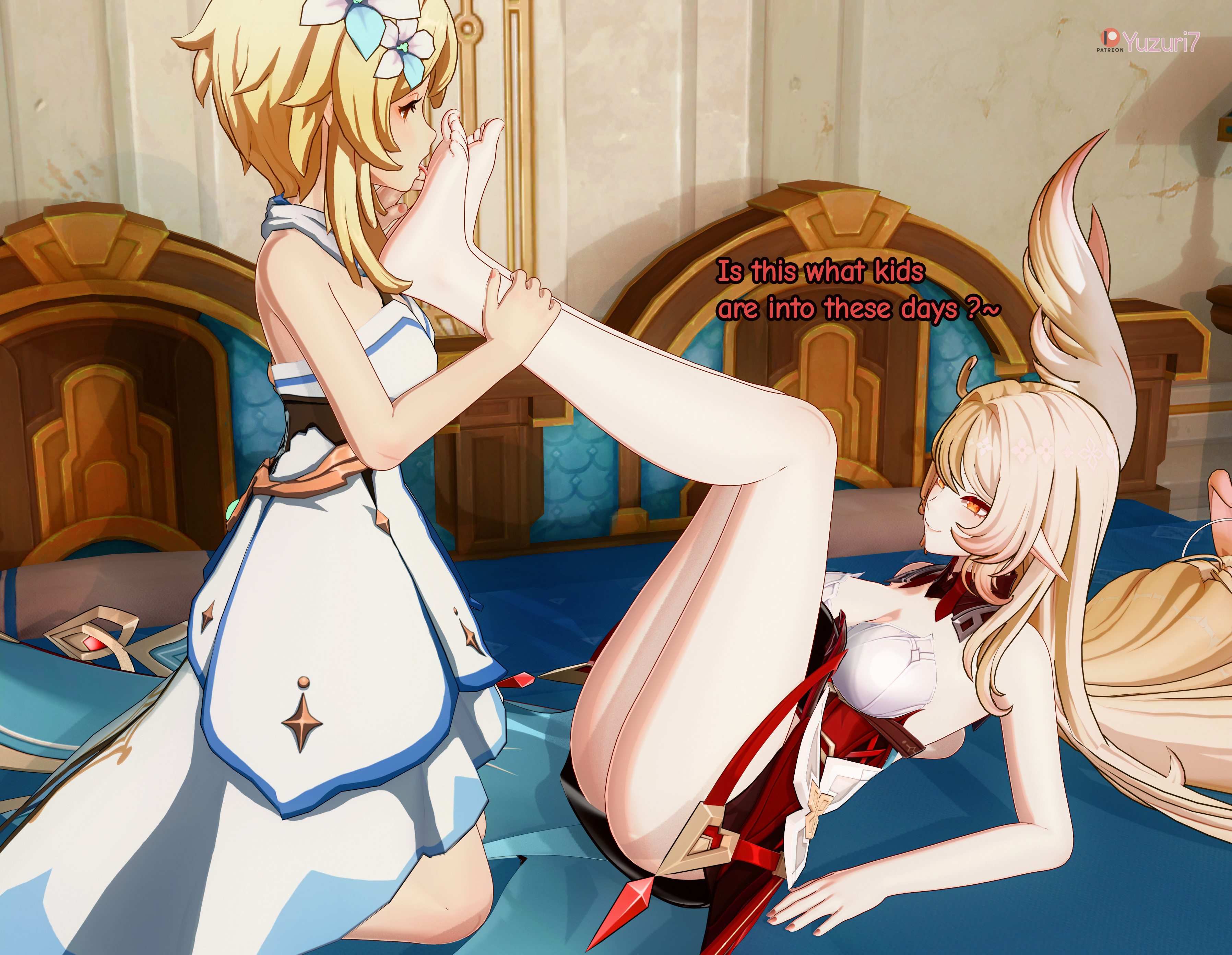 2girls, 3d, alice (genshin impact), ass, bare ass, bare legs, barefoot, bed, blender, blonde hair, butt, dress, elf, elf ears, english text, feet, feet up, female, female only, foot fetish, foot lick, foot worship, genshin impact, hair ornament, hi res, hoyoverse, indoors, legs up, licking, long hair, looking at another, lumine (genshin impact), lying, lying on back, mihoyo, milf, mommy dom, on knees, red eyes, smile, text, toes, yuri, yuzuri7