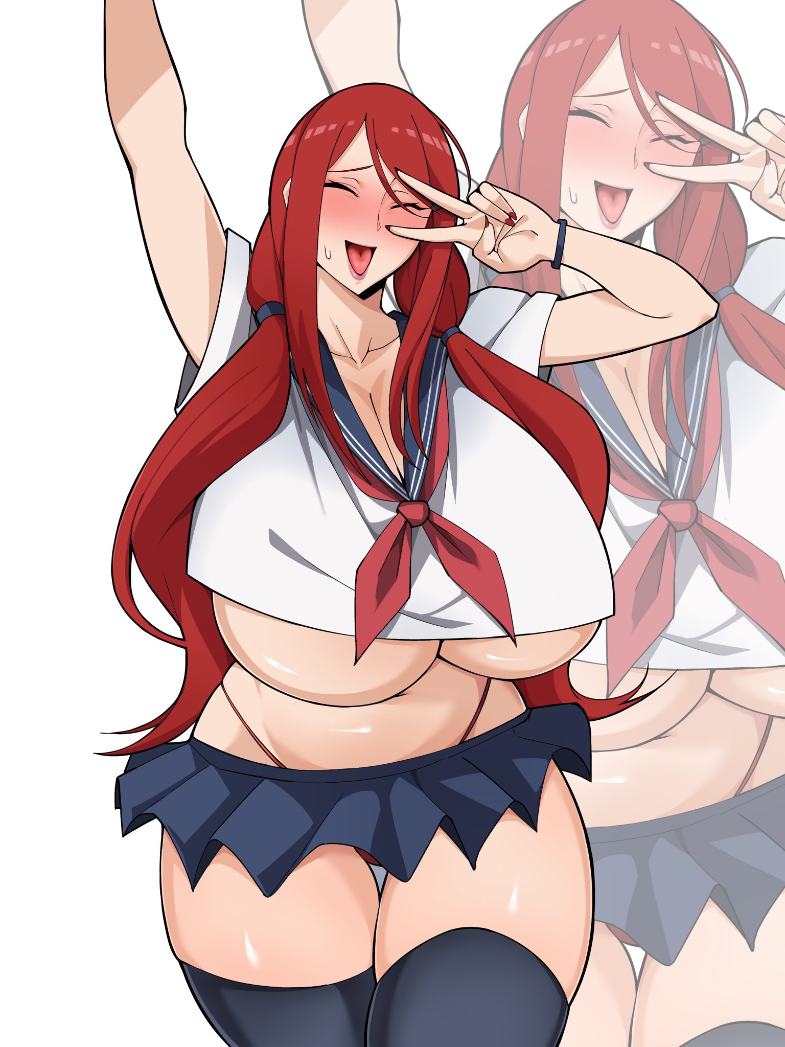 1girls, airi akura, arm up, armwear, big breasts, black skirt, black thighhighs, blush, bottomwear, breasts, closed eyes, female, female only, hair, hips, huge breasts, legwear, long hair, mature, mature female, mature woman, milf, miniskirt, mother, nail polish, nails, naruto, naruto (series), open mouth, red hair, red nail polish, red nails, red thong, revealing clothes, sailor collar, sailor uniform, short skirt, skirt, smile, solo, solo female, thighhighs, thighs, thong, tongue, topwear, underboob, uzumaki kushina, white background