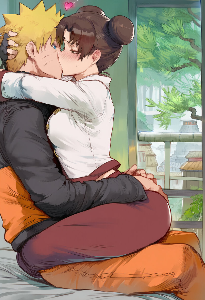 , 1boy, 1girls, ai generated, ass, ass grab, before sex, big ass, boner, brown hair, couple, cowgirl position, curvaceous, double bun, duo focus, female, groping, groping ass, hi res, kissing, kunoichi, long hair, medium breasts, naruto, naruto (series), naruto shippuden, ninja, petite, straddling, swirlinghawk, teenager, tenten, uzumaki naruto, wet