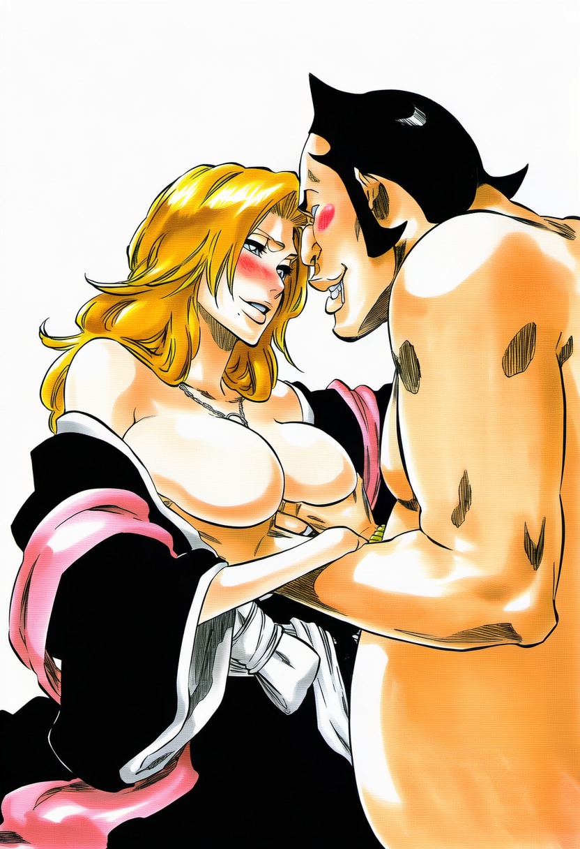 1boy, 1girls, 2d, accurate art style, accurate body type, ai generated, between breasts, big belly, big breasts, big lips, black hair, black kimono, bleach, blonde hair, blue eyes, blush, breast grab, breasts, breasts out, busty, cel shading, chain necklace, clothing, collarbone, completely nude, completely nude male, duo, duo focus, embarrassed, eye contact, face to face, fat, fat male, female, grabbing, grabbing another's breast, hetero, high resolution, highres, huge breasts, japanese clothes, jewelry, kimono, large breasts, light skin, light-skinned female, line art, long hair, long sleeves, looking at another, male, manga style, matsumoto rangiku, mature female, mole, mole under mouth, necklace, necklace between breasts, nose blush, nude male, nude male clothed female, official style, oomaeda marechiyo, open clothes, open kimono, orange hair, overweight, overweight male, parted lips, pink scarf, round belly, scarf, shihakusho, shiny hair, shiny skin, short hair, simple background, smile, standing, straight, three-quarter view, tite kubo style, traditional clothes, ugly bastard, ugly man, wafuku, waifu, wavy hair, white background, wristwear