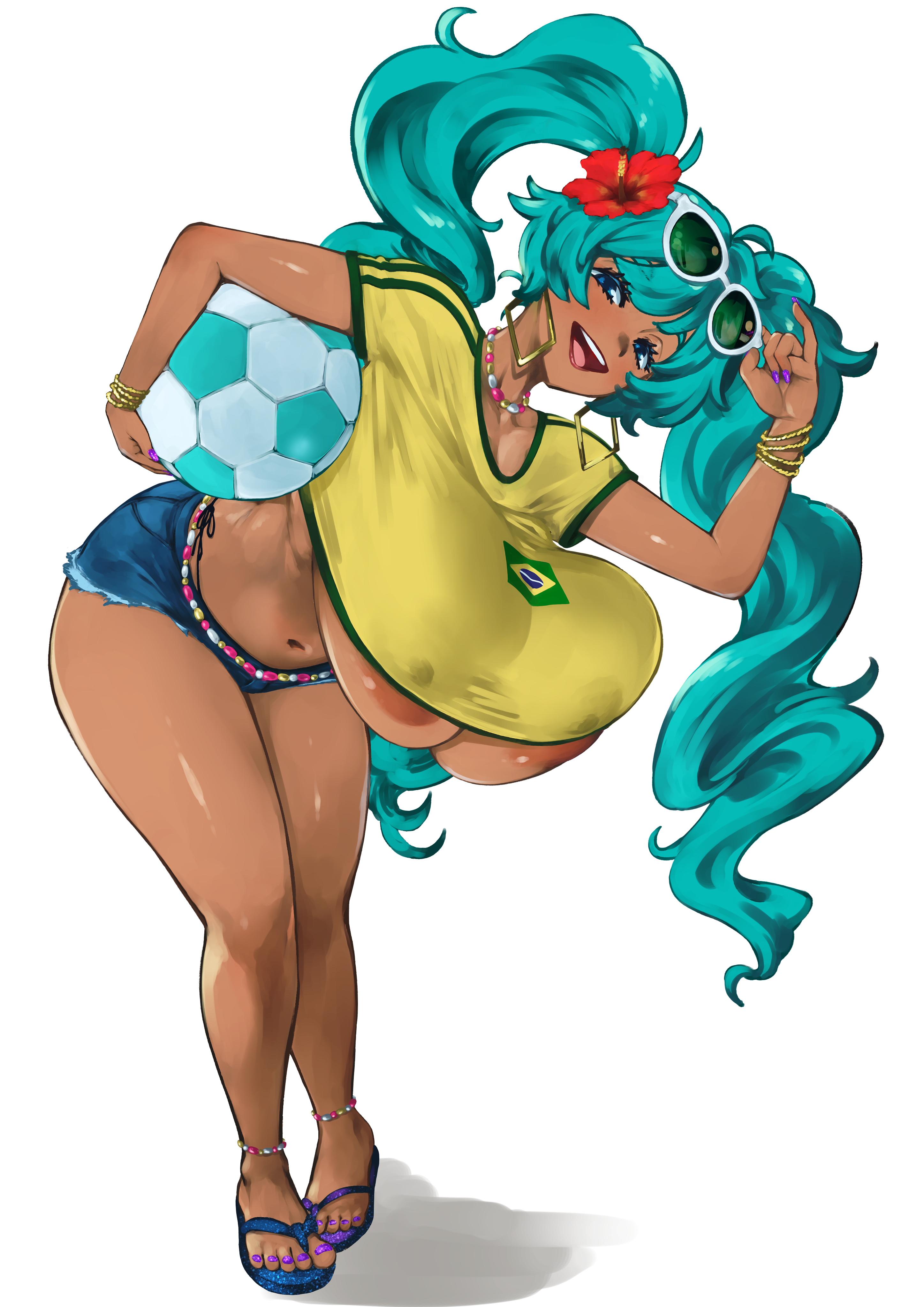 aqua hair, areola slip, blue eyes, bracelet, brazilian flag, brazilian miku, dark skin, denim shorts, earrings, feet, female, female only, hatsune miku, huge breasts, kyugata, lips, pinky out, sandals, short shorts, simple background, smile, soccer ball, sunglasses, thighs, vocaloid, white background