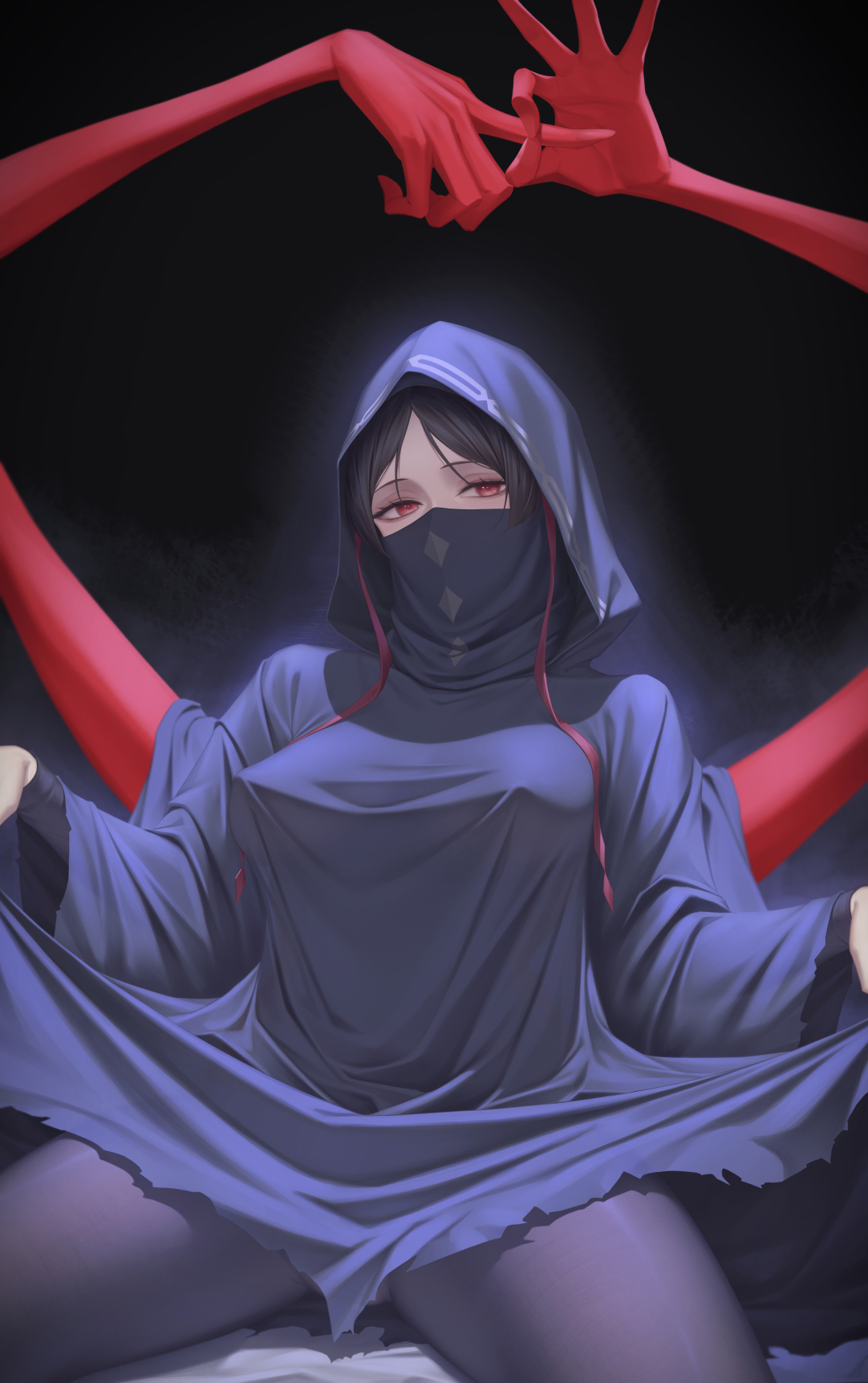 burqa, extra arms, fate (series), fate/strange fake, female, female only, hijab, middle eastern female, niqab, nmi, no name assassin (fate), penetration gesture, suggestive gesture, suggestive pose, tagme