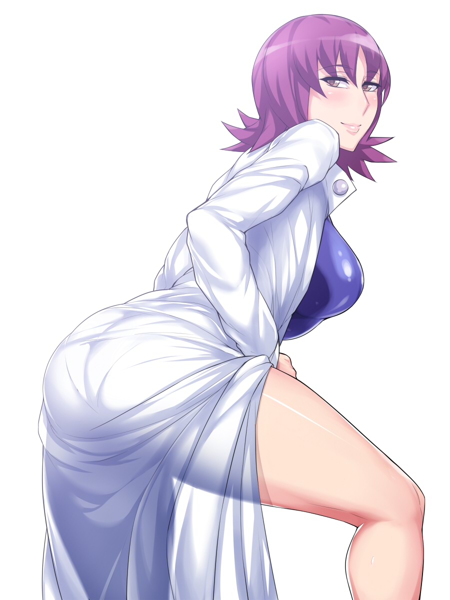 1girls 2014 ass black_beat breasts brown_eyes bubble_butt cleavage curvaceous female half-closed_eyes huge_ass human human_only labcoat large_breasts looking_at_viewer nintendo pale-skinned_female pale_skin philena_ivy pokemon pokemon_professor pokemon_rgby presenting purple_hair short_hair solo source_request swimsuit thick_thighs wide_hips