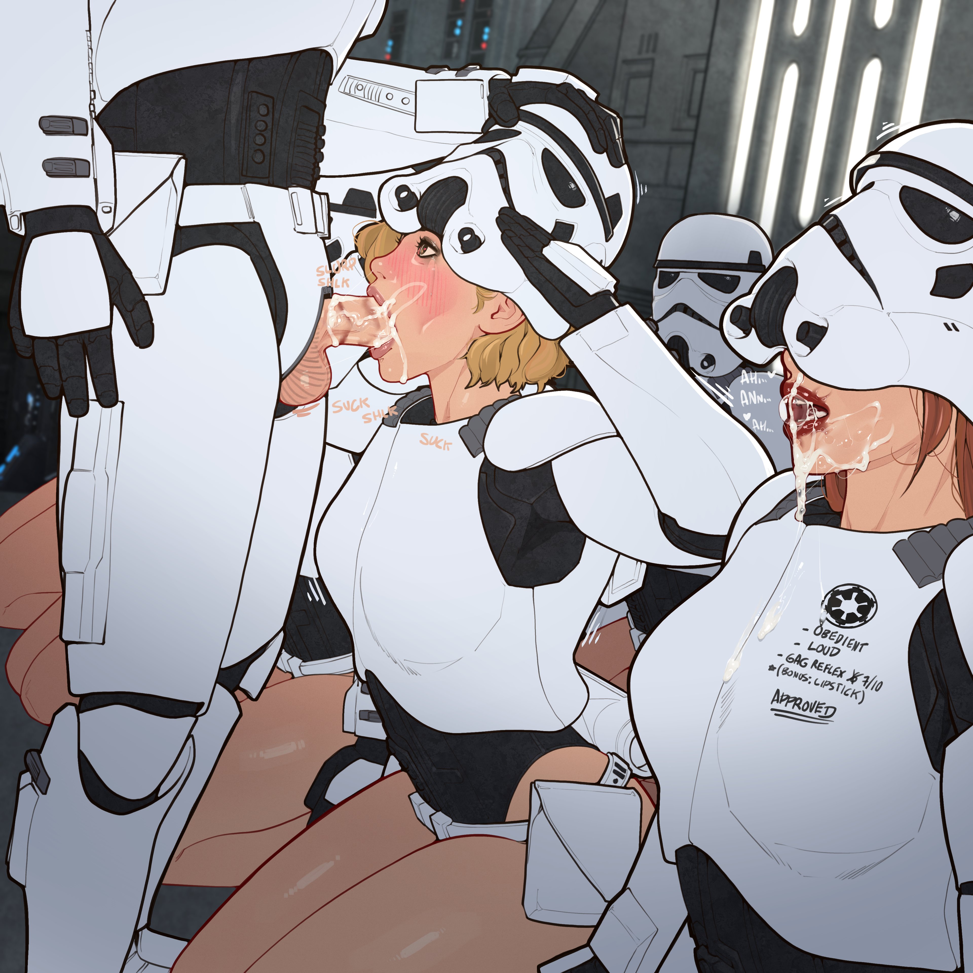 1boy, 2d, 2d (artwork), 6+girls, after fellatio, after oral, blonde female, blonde hair, blowjob, cum, cum on face, fellatio, female, female stormtrooper, galaad1800, kneeling, kneeling oral position, lineup, lipstick, lipstick on penis, male, multiple girls, pale-skinned female, penis, rainbow party, red hair, salute, star wars, stormtrooper, writing on body