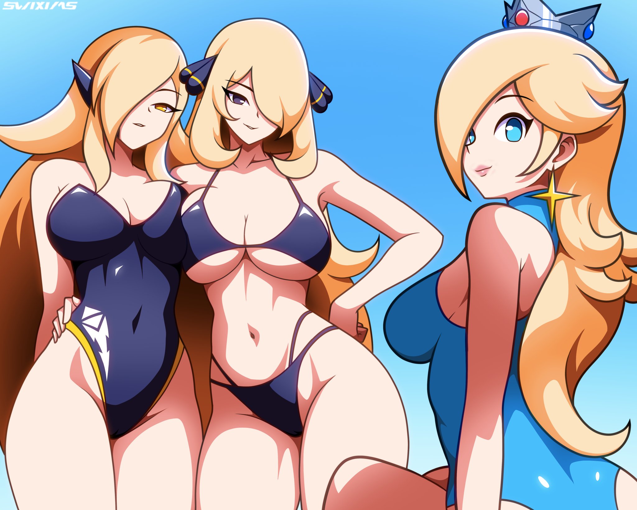 2025, 3girls, artist signature, bangs, bikini, black bikini, black eyes, black one-piece swimsuit, black swimsuit, blonde hair, blue eyes, blue one-piece swimsuit, blue swimsuit, breasts, cleavage, clothed, color, colored, crossover, crown, cynthia (pokemon), earrings, female, female focus, female only, gwain saga, headwear, leotard, light skin, light-skinned female, long hair, looking at viewer, mario (series), mostly nude, multiple girls, one eye covered, one-piece swimsuit, pokemon, pokemon dppt, princess, princess rosalina, side bangs, super mario galaxy, swimsuit, swimwear, swixims42, tagme, thighs, trio, trio female, trio focus, twain (gwain saga), very long hair, watermark, yellow eyes