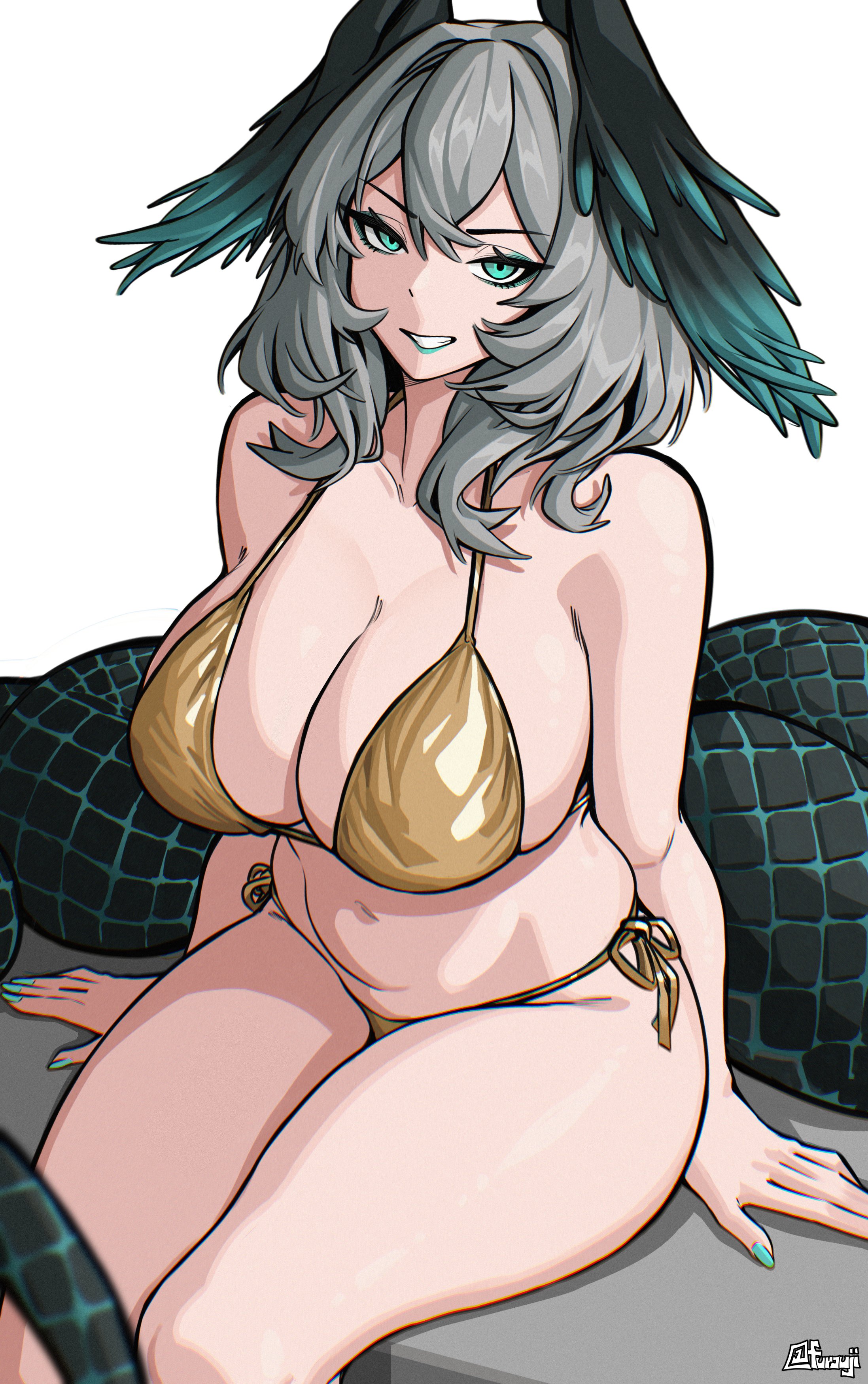 1girl, absurdres, aqua eyes, arknights, bikini, breasts, clenched teeth, commentary, cowboy shot, english commentary, feathered wings, female, female only, furauji, gold bikini, grey hair, hair between eyes, head wings, highres, ho'olheyak (arknights), large breasts, looking at viewer, medium hair, sitting, snake tail, solo, swimsuit, tail, teeth, underwear, underwear only, wings