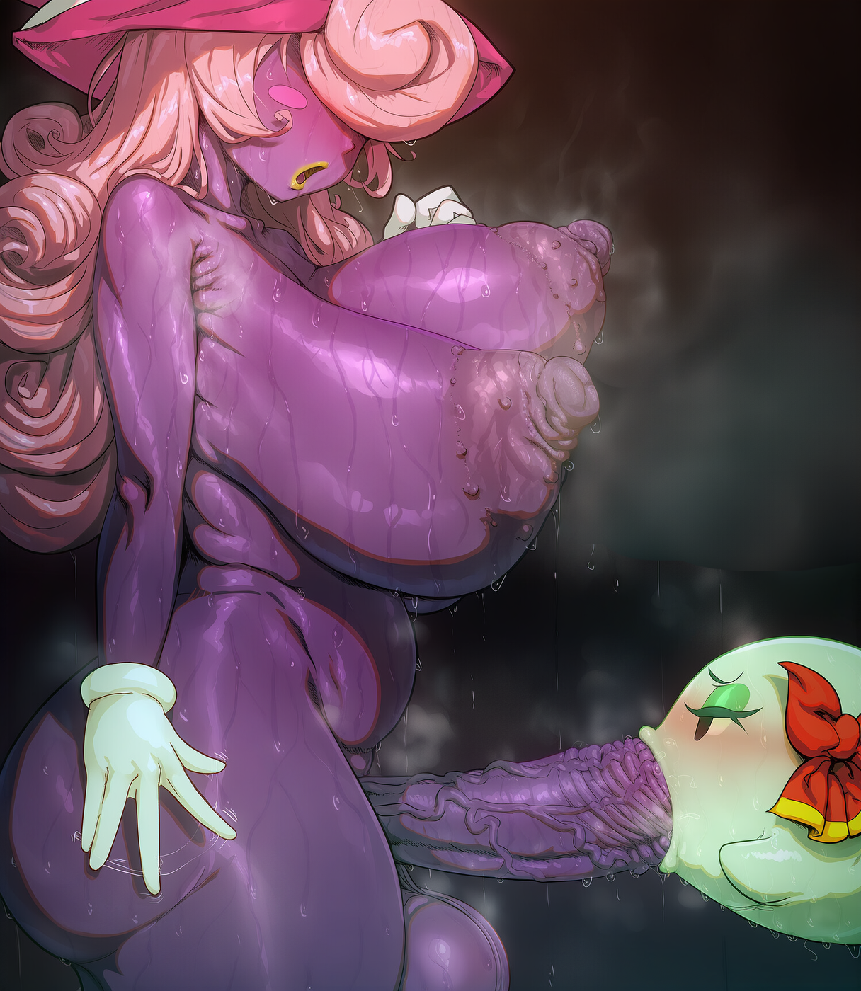 1futa, 1girls, ai generated, aya (thon2hk), blowjob, deepthroat, fellatio, femdom, flamingpassion, futa on female, futanari, glands of montgomery, huge areolae, huge breasts, huge nipples, huge penis, lady bow, mario (series), musk, sweat, vivian (paper mario)