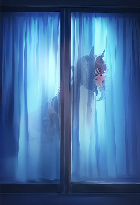 2d, ahe gao, ai generated, animal ears, behind curtain, blushing, curtains, female, female only, horse girl, maruzensky (umamusume), novelai, on knees, open mouth, u4ptbp2sdy69696, umamusume, umamusume pretty derby, window