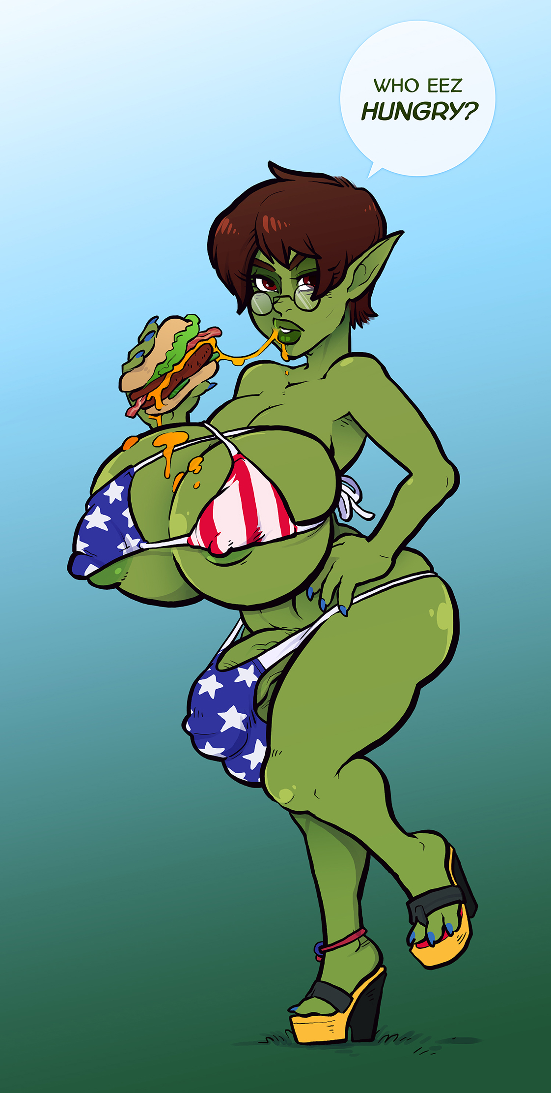 1futa, american flag, american flag bikini, areola slip, balls, balls in panties, bikini, breasts, brown hair, bulge, cleavage, curvy, dickgirl, eating, futa only, futanari, glasses, goblin, goblin futa, green skin, hamburger, huge breasts, humanoid, intersex, iznee, penis, penis in panties, pointy ears, red eyes, short hair, solo, sparrow (artist), standing