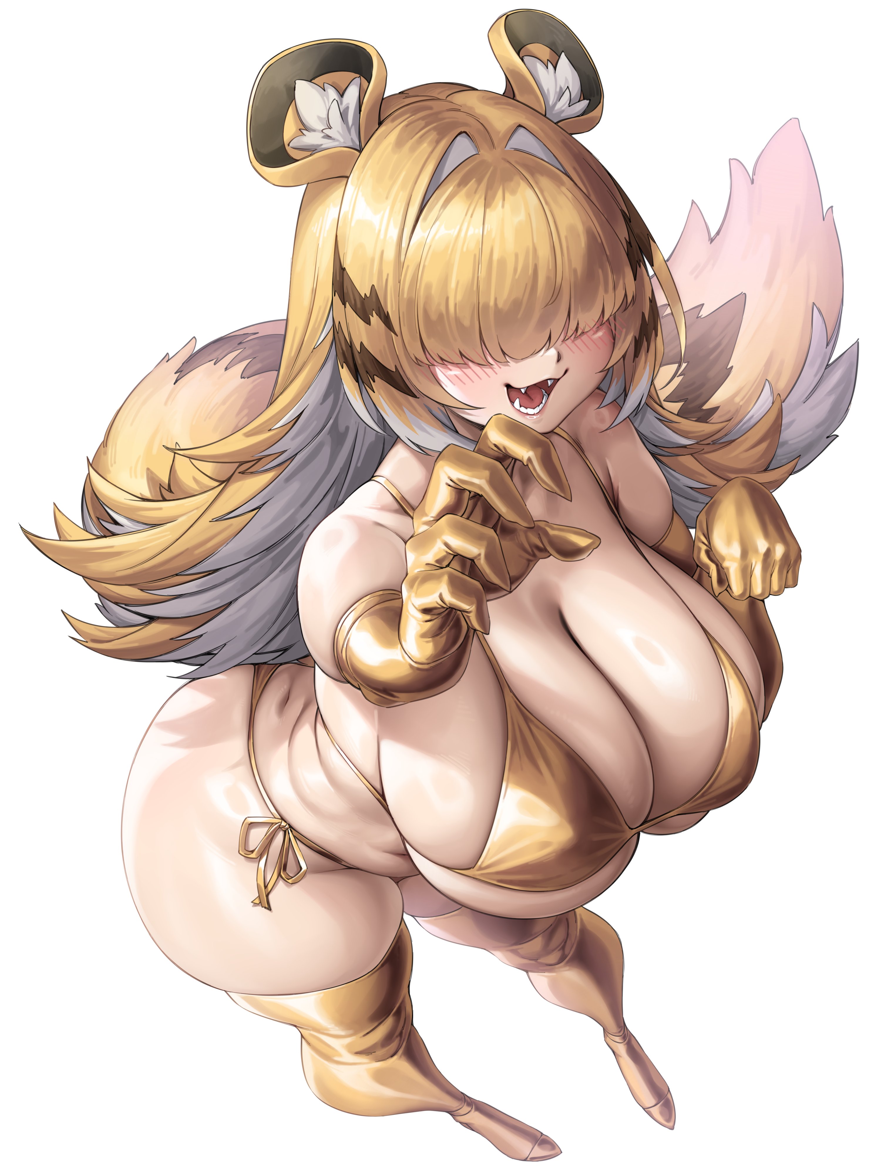 1girls, animal ears, bikini, character fusion, cleavage, crossover, elegg (nikke), fangs, female, female only, goddess of victory: nikke, gold bikini, golden bikini, hair over eyes, huge breasts, ju fufu, naidong, open mouth, sharp teeth, solo, solo female, swimsuit, tail, thick thighs, thighs, tiger ears, tiger girl, tiger tail, zenless zone zero
