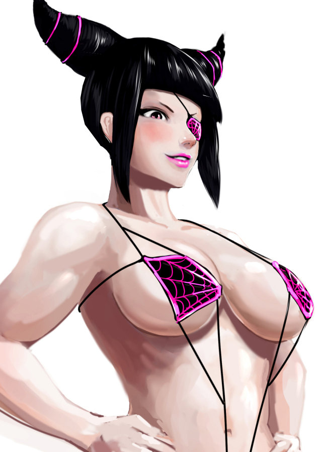 1girls, abs, bangs, bikini, black hair, blush, breasts, capcom, collarbone, drill hair, edit, eye patch, eyeliner, female, female only, hands on hips, human, juri han, large breasts, lipstick, navel, perky breasts, pink eyes, pink lipstick, serratus anterior, sidelocks, simple background, skimpy, sling bikini, smile, smirk, solo, spider web print, street fighter, street fighter v, toned, twin drills, uenoryoma, upper body, white background