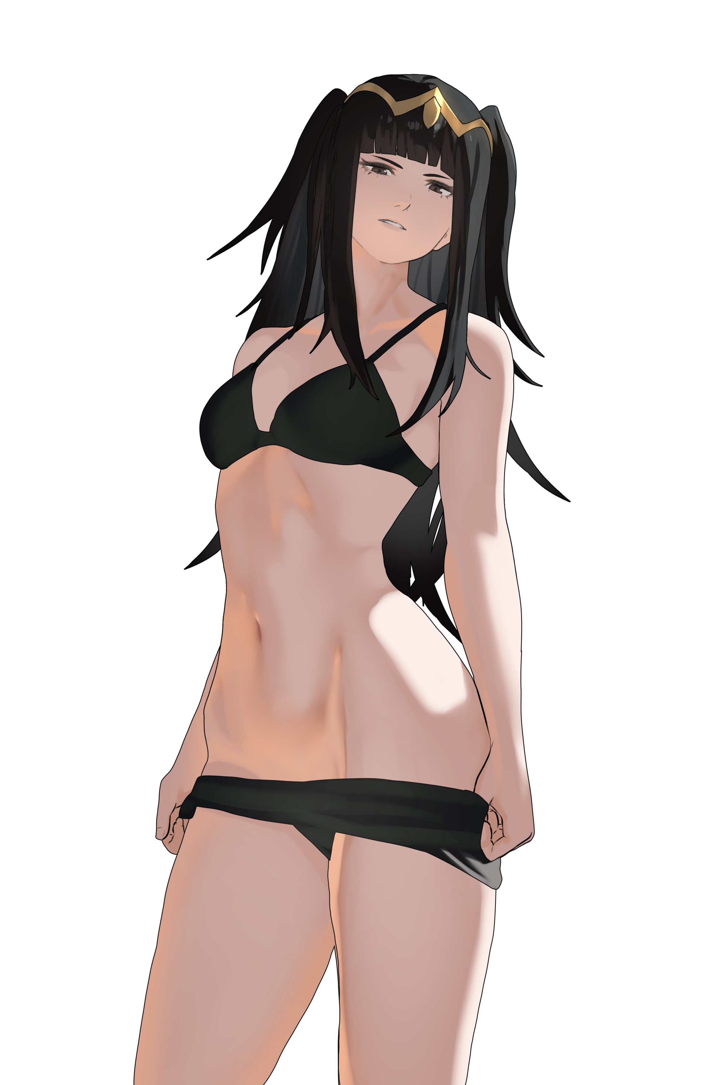 1girls, absurdres, alternate costume, armpit crease, bare arms, bare shoulders, bikini, bikini bottom pull, black bikini, black eyes, black hair, blunt bangs, breasts, cleavage, collarbone, female, female only, female torso, fire emblem, fire emblem awakening, headpiece, highres, long hair, looking at viewer, navel, pomelomelon, purple eyes, small breasts, smile, solo, standing, stomach, swimsuit, tharja (fire emblem), thighs, tiara, undressing, very long hair, white background