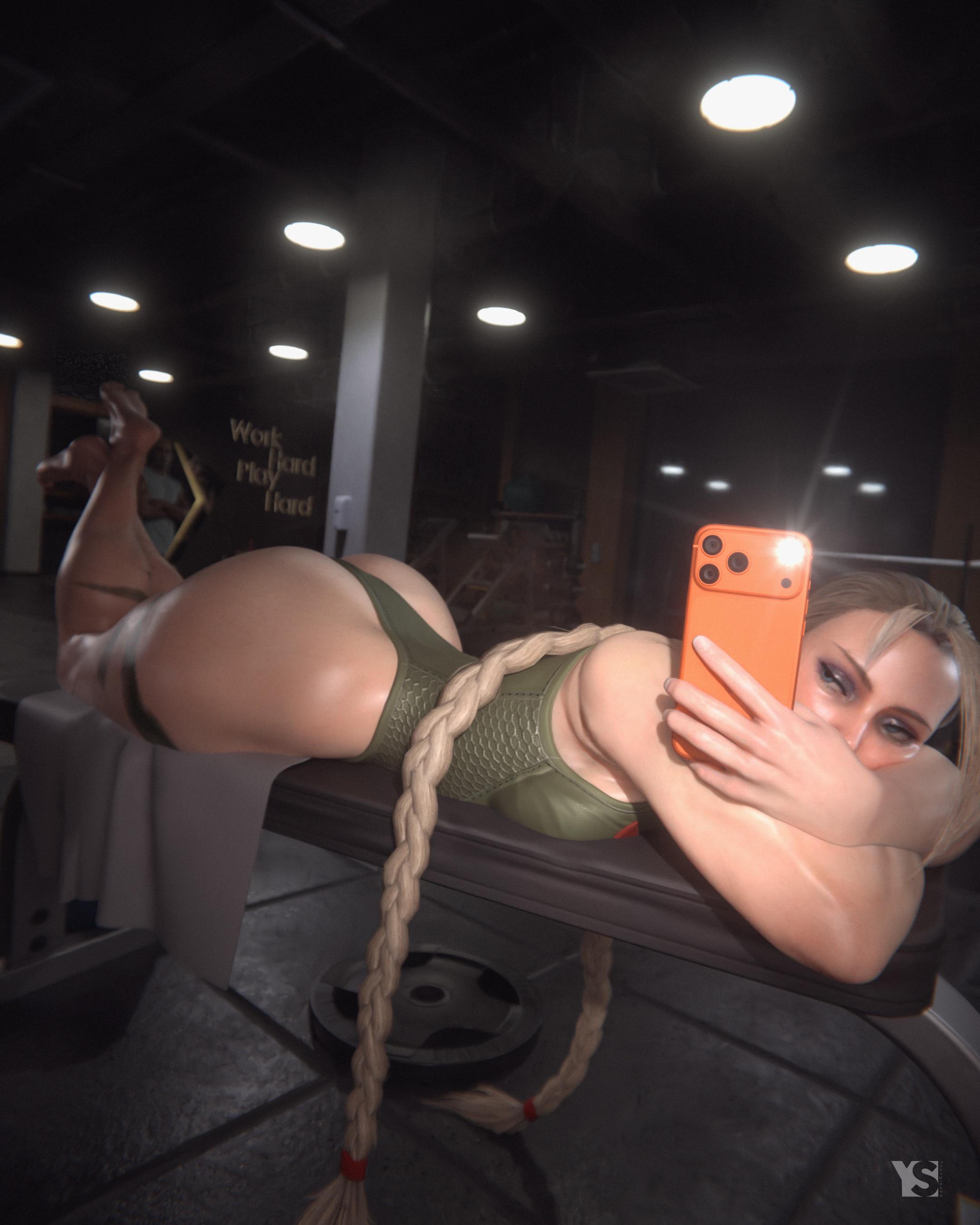 3d, 3d (artwork), ass, ass focus, big ass, blender, blender (software), blonde female, blonde hair, blonde hair female, blonde-haired female, bodypaint, braid, braided hair, braided ponytail, cammy white, cammy white (street fighter 6), capcom, female, female only, green leotard, gym, laying down, leotard, makeup, phone, phone selfie, phone view, pinup, selfie, selfie pose, street fighter, street fighter 6, thick thighs, thighs, wet, wet body, wet skin, youngiesed