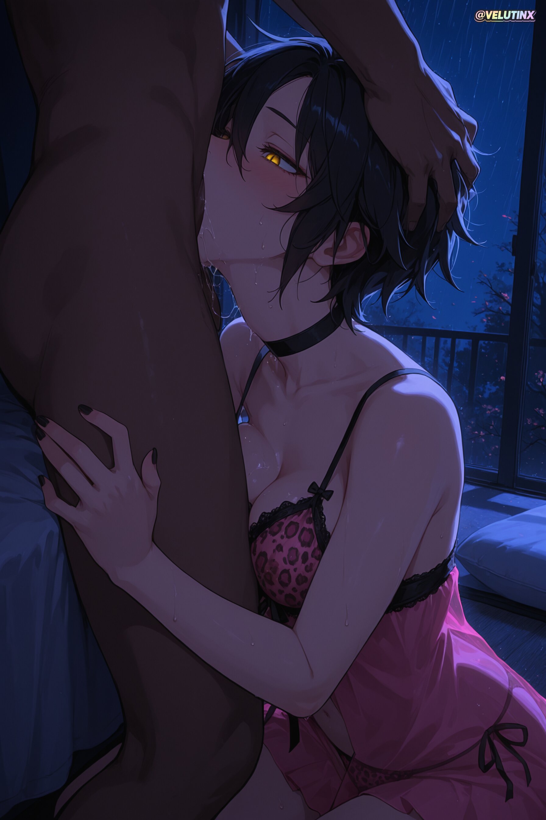 1boy, 1girl, ai generated, animal print, babydoll, bangs, bare arms, bare shoulders, bed, big ass, big breasts, big thighs, black choker, black hair, black nails, blush, bra, breasts, breath, bubble butt, bursting breasts, busty, choker, cleavage, clothed female nude male, clothed sex, collarbone, cum, curvaceous, curvaceous ass, curvaceous body, curvaceous female, curvaceous figure, curvaceous hips, curvaceous thighs, curvy, curvy body, curvy female, curvy figure, curvy hips, curvy thighs, dark skin, deepthroat, dispatch (game), erection, fellatio, fingernails, glowing eyes, hair between eyes, hand on another's head, hands on another's head, head grab, heart, heart-shaped pupils, heavy breathing, hetero, hourglass figure, huge ass, huge breasts, huge hips, indoors, interracial, invisigal, irrumatio, jewelry, kneeling, lace, lace trim, large breasts, lingerie, lips, long fingernails, looking up, mature, mature female, medium breasts, nail polish, nails painted, navel, negligee, nightgown, on bed, one eye closed, oral, orange eyes, out of frame, paid reward available, panties, parted bangs, penis, pillow, pink bra, pink panties, plump thighs, rain, saliva, saliva drip, saliva on face, saliva on tongue, saliva string, saliva trail, see-through, seiza, sharp fingernails, shiny hair, shiny skin, short hair, side-tie panties, sitting, skindentation, slim waist, soft breasts, solo focus, string panties, sweat, sweating, sweaty, sweaty body, symbol-shaped pupils, tears, testicles, thick butt, thick hips, thick legs, thick thighs, thighhighs, thighs, underwear, underwear only, velutinx, visible breath, voluptuous, voluptuous body, voluptuous female, wariza, watermark, wet skin, wide ass, wide hipped female, wide hips, wide thighs, yellow eyes