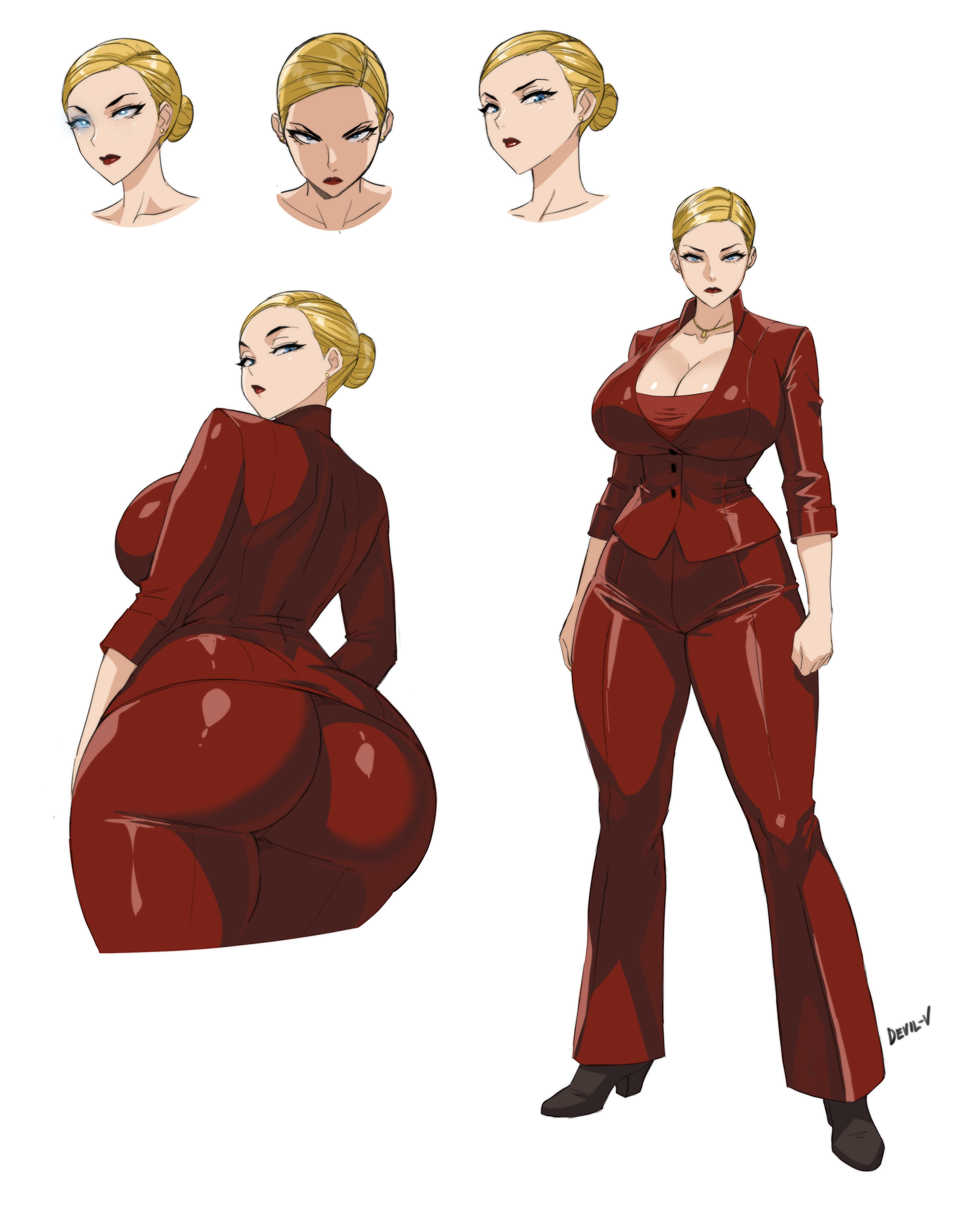 android, ass, blonde hair, blue eyes, breasts, cleavage, clothed, devil-v, female, female only, frown, full body, huge ass, huge breasts, lipstick, looking at viewer, looking back, necklace, robot, robot girl, t-x, terminator, terminator 3: rise of the machines, tight clothing, voluptuous, white background