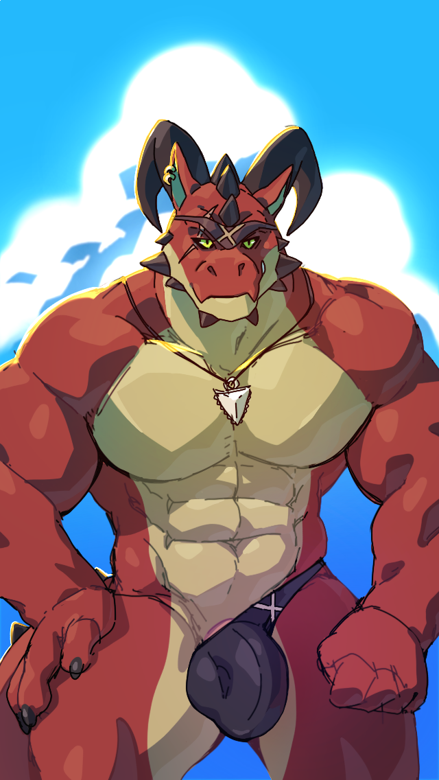 abs anthro beach biceps bulge c-string dragon ear_piercing green_eyes grin horn jewelry looking_at_viewer male male_only mature_male mostly_nude muscular muscular_male necklace pecs penis penis_base piercing presenting red_skin seaside shark_tooth simple_background smile solo spines standing tan_skin taoren tarix_(criticalhit64)