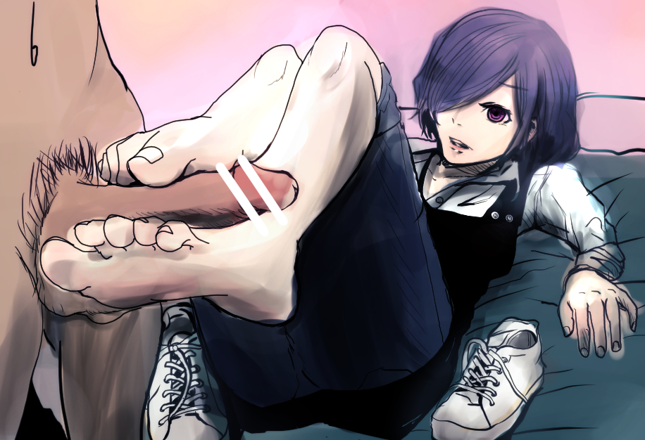 1boy, 1girls, artist request, balls, barefoot, bed, belly, blue eyes, blue hair, censor bar, censored, clothed female nude male, erection, eyelashes, feet, female, foot fetish, footjob, hair over one eye, human, kirishima touka, lipstick, male, navel, nude, on back, penis, pink background, pubic hair, purple eyes, shoes, short hair, side view, sketch, smile, source request, straight, teeth, testicles, toes, tokyo ghoul, tokyo ghoul:re