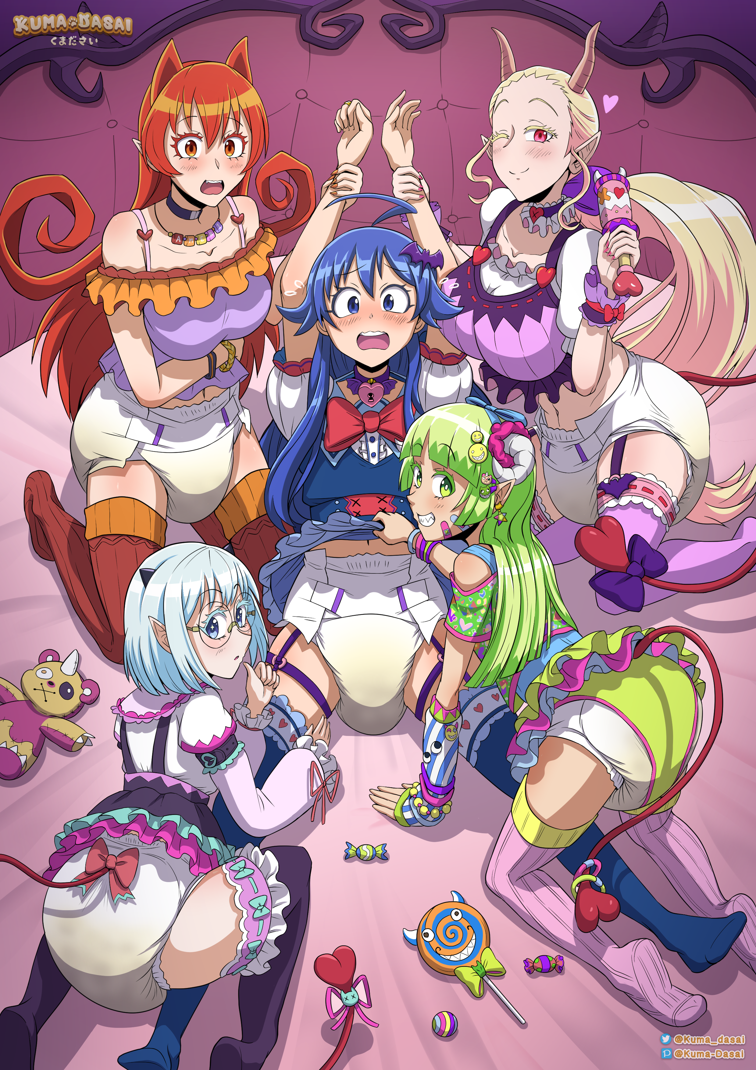 abdl, adult baby, azazel ameri, big breasts, crocell kerori, crossdressing, demon girl, demon horns, diaper, diaper fetish, female, female only, infantilism, ix elizabetta, kuma-dasai, mairimashita! iruma-kun, messy diaper, sissy, soiling diaper, suzuki iruma, valac clara