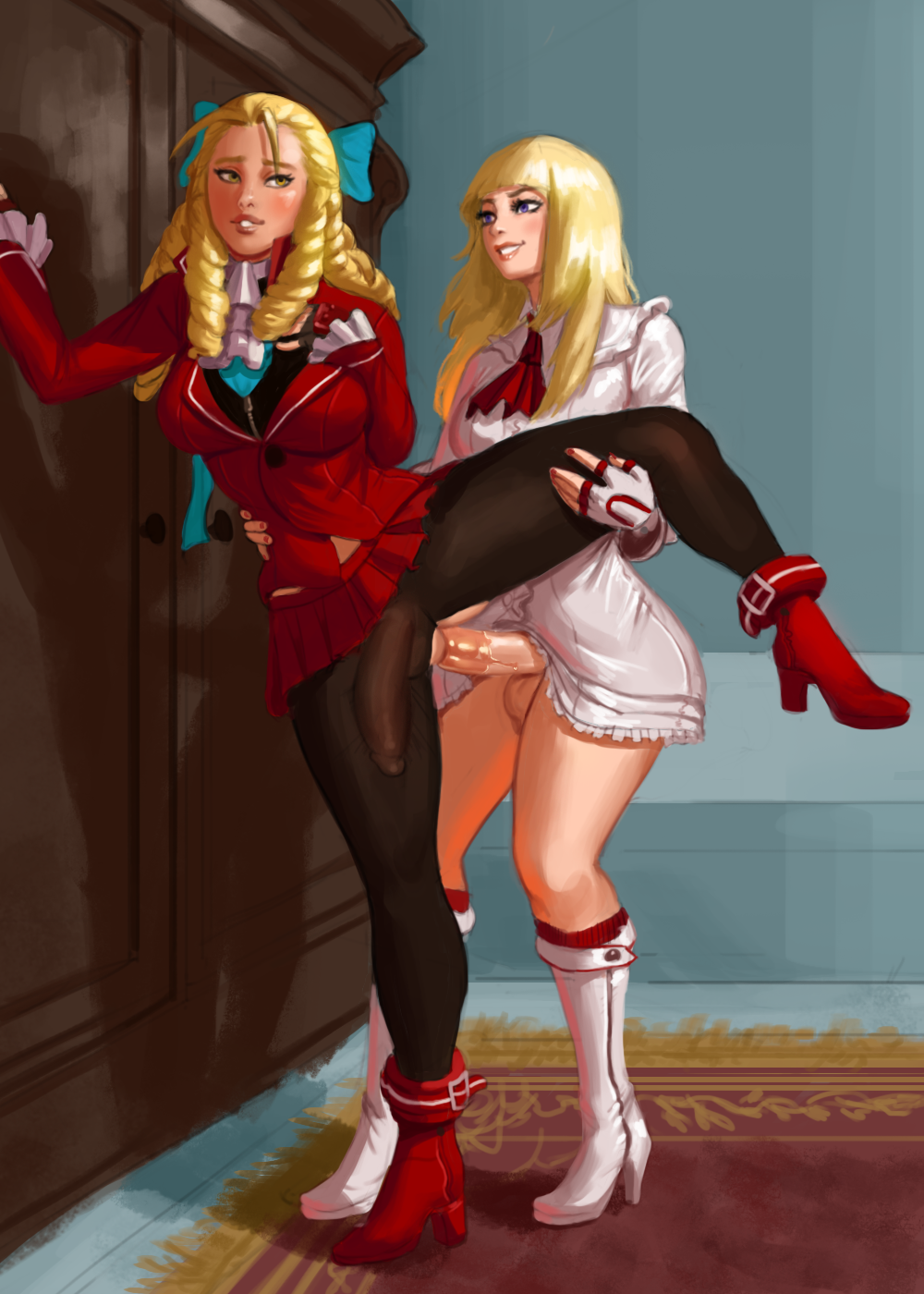 2futas against_wall ankle_boots antenna_hair bangs big_breasts black_legwear blonde_hair blue_bow blunt_bangs boots bow breasts commission cravat crossover dress emilie_de_rochefort full-package_futanari full_body futa_on_futa futa_only futanari grin hairbow high_heels highres intersex jacket karin_kanzuki knee_boots large_breasts large_penis leg_lift lips medium_breasts microskirt multiple_girls no_panties pantyhose penis penis_under_pantyhose purple_eyes pussy_juice red_jacket red_skirt rhydwyn ringlets sailor_collar sex short_dress skirt smile street_fighter street_fighter_v tekken torn_clothes torn_pantyhose trait_connection uncensored vaginal_penetration wardrobe white_dress yellow_eyes