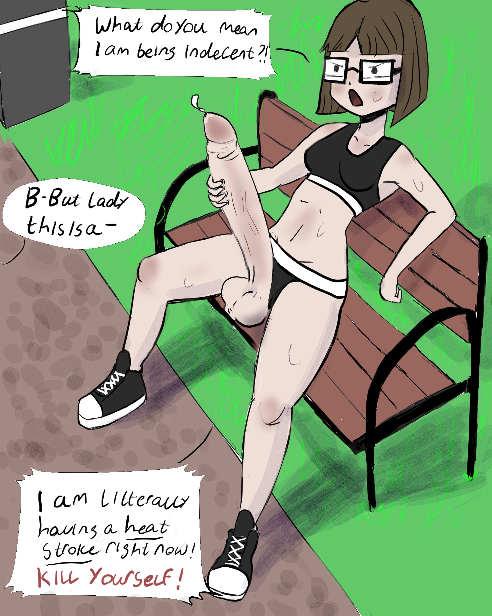 1futa, 1girl, 1girls, 2026, 2d, 2d (artwork), 2d artwork, ahoge, annoyed, balls, big penis, brown hair, brunette, brunette female, brunette hair, brunette-haired female, butt, casual, caught, caught masturbating, clothing, digital art, digital drawing, digital drawing (artwork), digital media, digital media (artwork), english, english dialogue, english text, ethicalgooner2007 (kryptraider), exhibitionism, fapping, flat chest, flat chested, futa, futa focus, futa only, futanari, glasses, handjob, horny, huge cock, human, intersex, jerking, jerking off, jerkingoff, kys, large penis, masturbating, masturbation, meme, mewmsart, nerd, nerdy, nerdy female, open mouth, original, pale, pale skin, pale skinned female, pale-skin, pale-skinned female, park, park bench, perky breasts, perky nipples, perky tits, petite, petite body, petite female, precum, public, public exposure, public indecency, public masturbation, public nudity, ribs, sagging balls, saggy balls, shameless, short hair, sitting, skinny, skinny female, skinny girl, small breasts, sneakers, solo, solo female, solo focus, sportswear, square glasses, sweat, thighs, working out