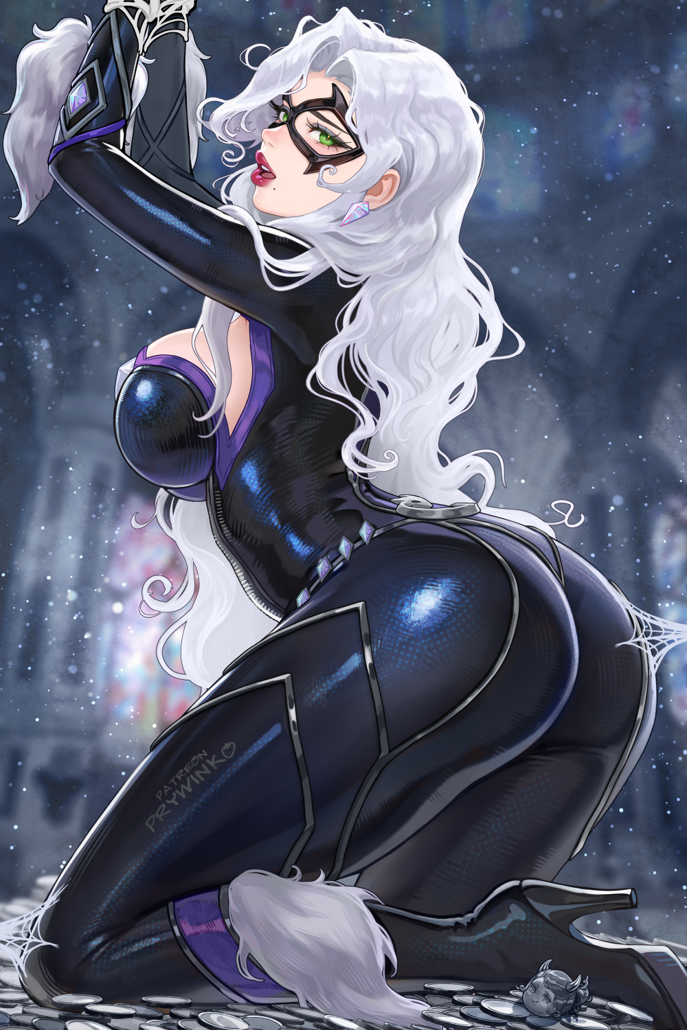 1girls, 2026, 2d, big breasts, black cat (marvel rivals), black cat (marvel), bodysuit, boots, bound, bound wrists, breasts, bursting breasts, captured, captured female, curvaceous, curvaceous body, curvaceous female, curvaceous figure, curvaceous hips, curvy, curvy body, curvy female, curvy figure, curvy hips, domino mask, eyemask, felicia hardy, female, female only, green eyes, hips, hourglass figure, huge breasts, large breasts, light-skin, light-skinned female, looking at viewer, marvel, marvel comics, marvel rivals, mask, masked, masked female, massive breasts, pryjesty, prywinko, pussy, red lipstick, seductive, seductive look, seductive pose, shiny, shiny clothes, skin tight, solo, spider web, spider-man (series), superheroine, thick, thick breasts, thick hips, thick thighs, thief, tight clothes, tight clothing, voluptuous, voluptuous female, webbed, webbed hands, white fur, white hair, wide hips