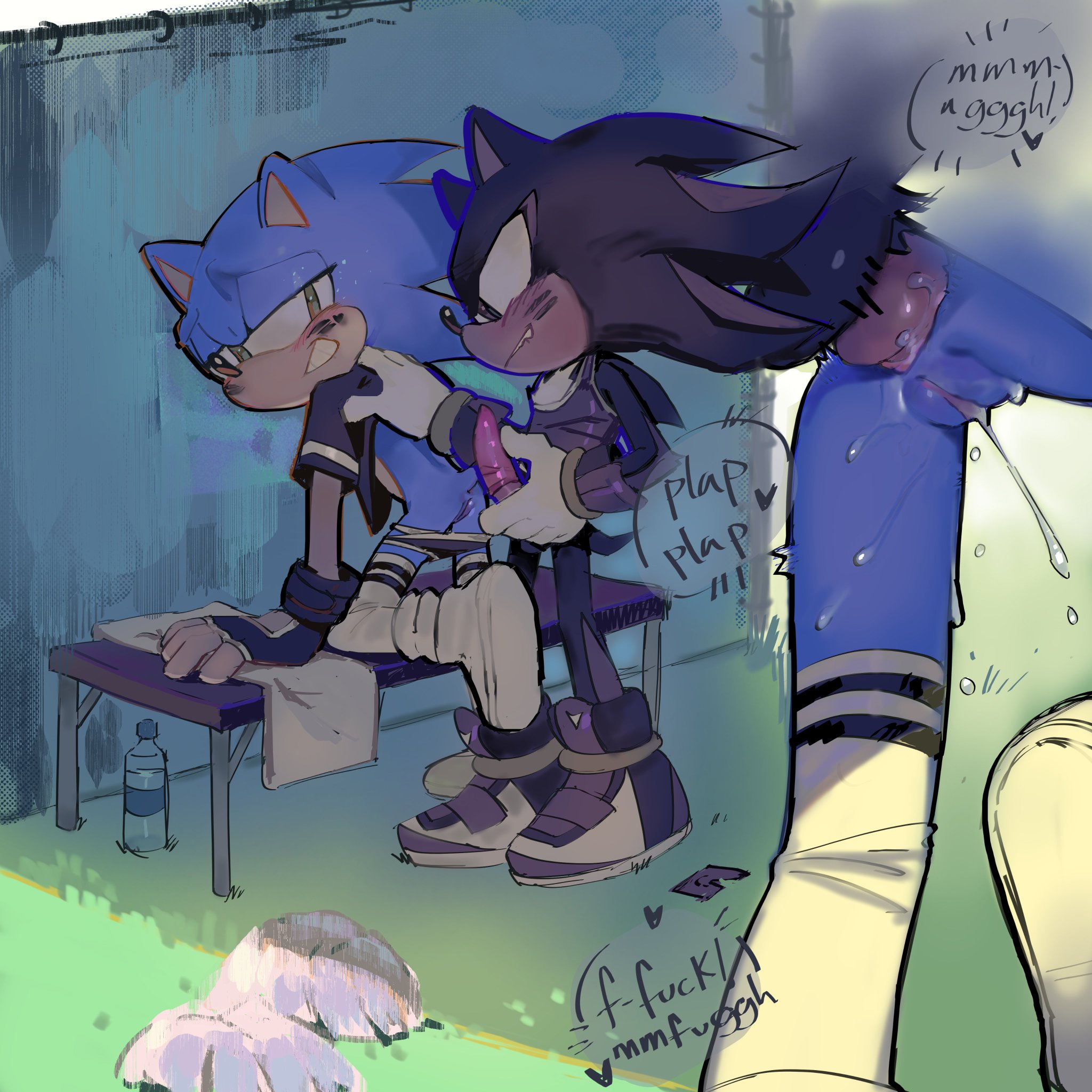 2boys, anal sex, biting lip, biting own lip, black fur, blue fur, chest tuft, cuntboy, eye black, face paint, green eyes, nervous smile, pinklilim, plap (sound), red eyes, shadow, shadow the hedgehog, smiling, sneakers, sonic (series), sonic the hedgehog, sonic the hedgehog (series), sports uniform, tank top, towel, water bottle, yaoi