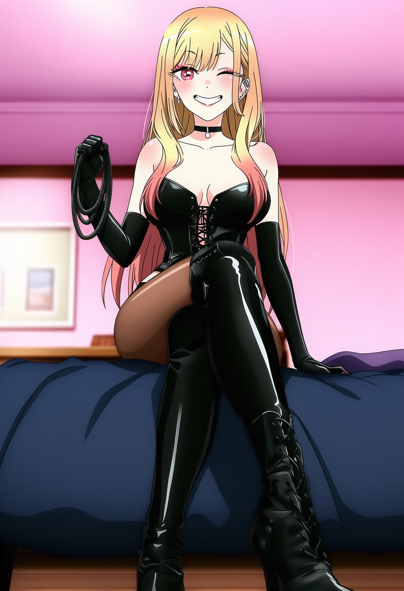 ai generated, asian, bed, bedroom, big breasts, blonde hair, boots, choker, cleavage, crossed legs, dominatrix, dominatrix outfit, earrings, elbow gloves, femdom, gloves, holding object, holding whip, hourglass figure, jewelry, kitagawa marin, latex, latex boots, latex clothing, latex gloves, latex legwear, latex thighhighs, looking at viewer, marin kitagawa, my dress up darling, on bed, pantyhose, pink eyes, posing for the viewer, red eyes, sitting on bed, sono bisque doll wa koi wo suru, whip, winking at viewer, young female