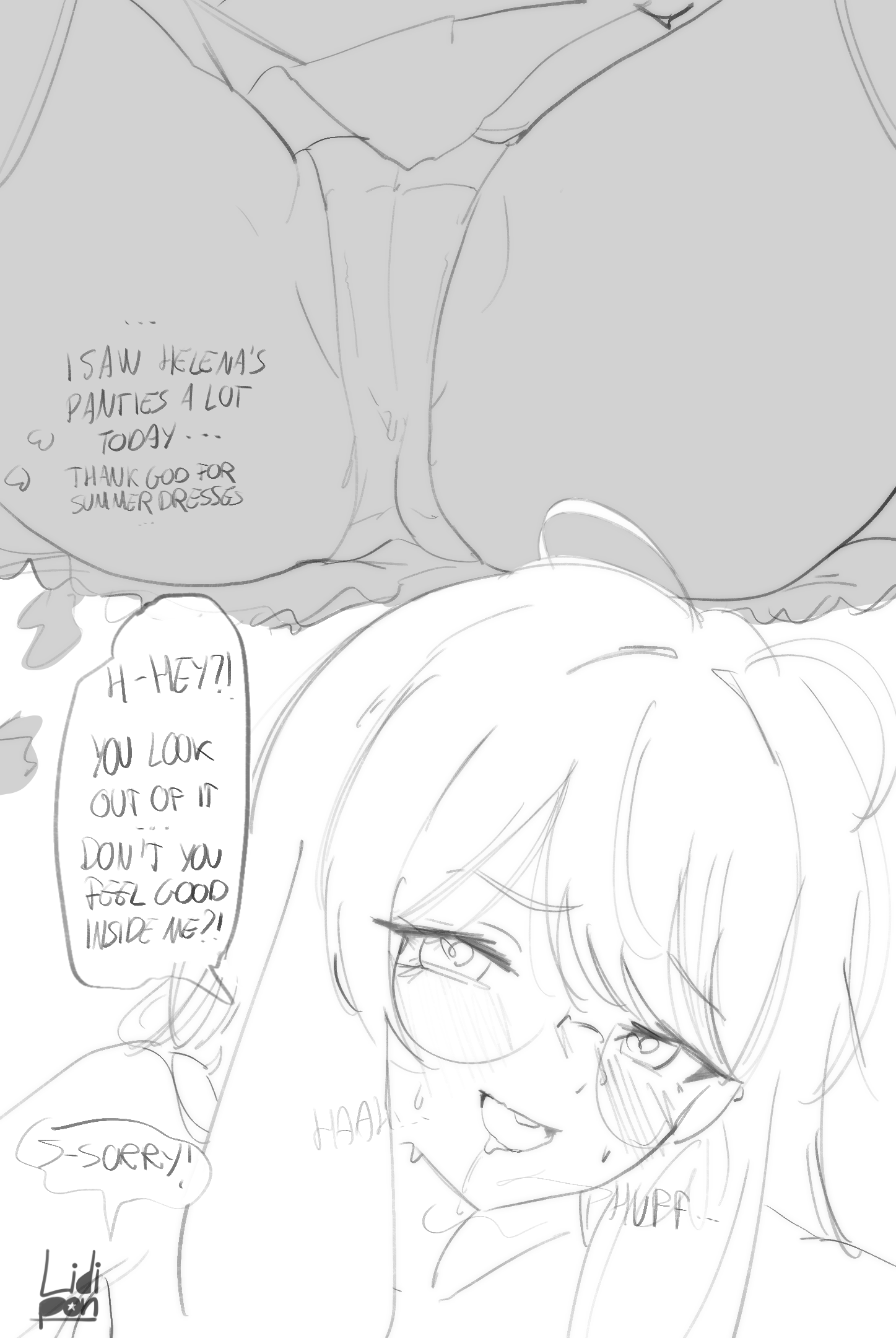 1boy, 1boy1girl, 1girl, 1girl1boy, 1girls, bangs, before and after, black and white, blush, bunny, bunny ears, bunny girl, comic, comic page, comic panel, daydream, dream, drooling, english, english text, glasses, happy, happy sex, heart, heart eyes, heart symbol, heart-shaped pupils, hearts, helena (lidipon), horny, horny female, implied penetration, implied sex, lidipon, lineart, looking at viewer, looking back, looking pleasured, messy hair, open legs, original, original artwork, original character, original characters, panties, panting, pleasured, riding, riding penis, simple background, smiling, smiling at viewer, steaming body, theo (lidipon), upskirt
